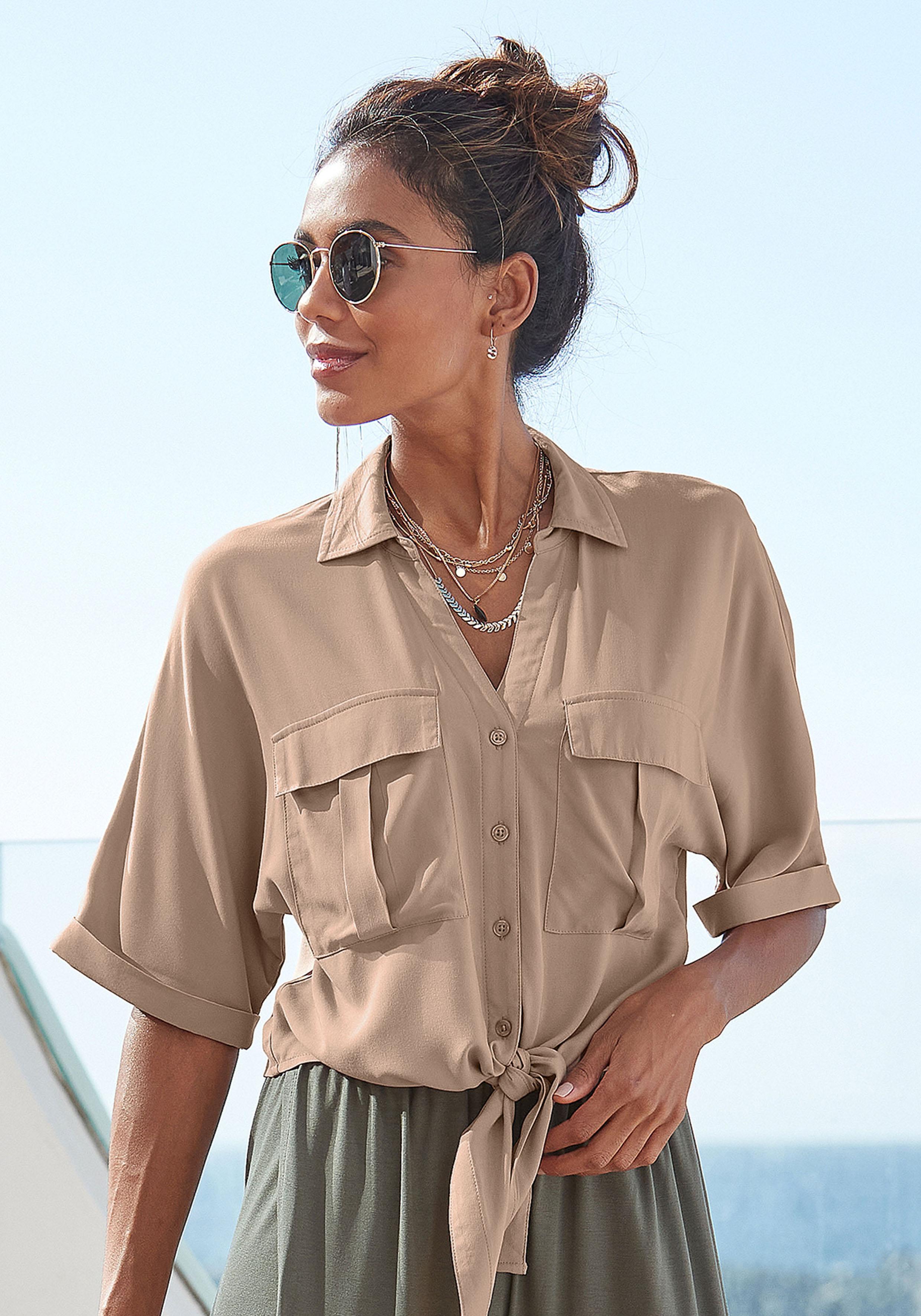 Kurzarmbluse Lascana, Damen, Gr. 46, Braun (Camelfarben), Web, Obermaterial: 100% Viskose, Unifarben, Figurumspielend HüFtlang, V-Ausschnitt, Aufschlag, Blusen, Mit Knotendetail Und Knopfleiste, Hemdkragen, Damenbluse, Topseller