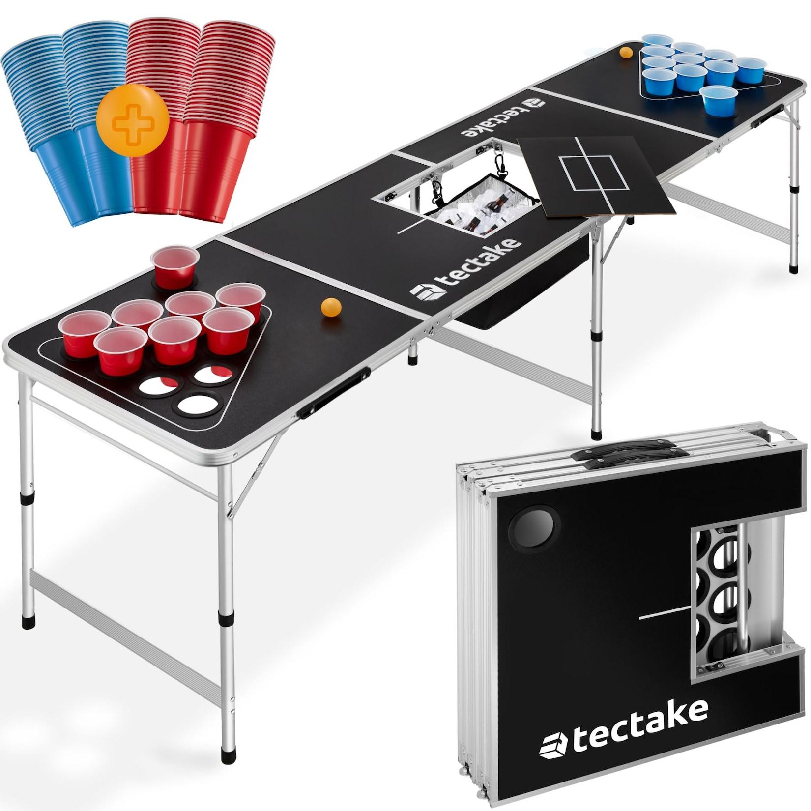 tectake® Aluminium Bierpongtisch, mit Eisfach, klappbar, bodenschonende Kunststofffüße, inklusive 100 Bechern und 6 Bällen