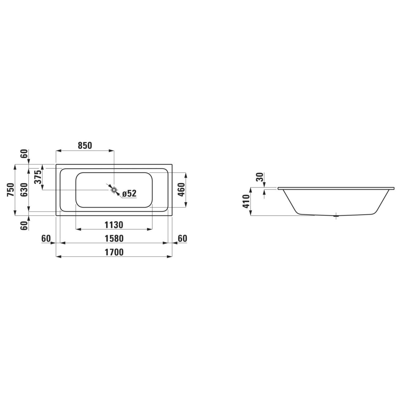Laufen Einbau-Badewanne Pro S 1700X750X410 Stahl Mit Antislip Weiß, H2261806000401 H2261806000401