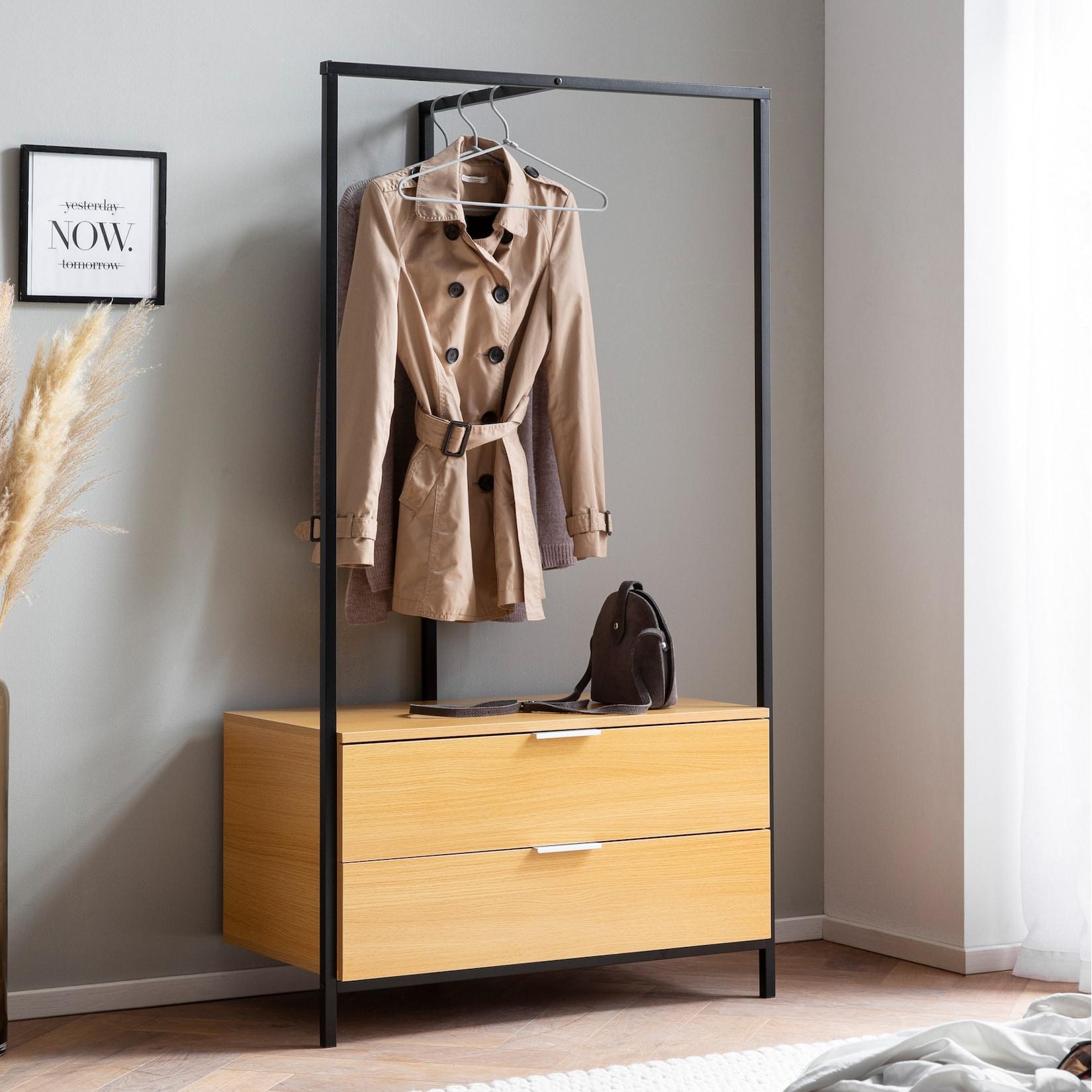Garderobe FineBuy Kleiderschrank Eiche 152 cm Schubläden Kleiderstange Flur