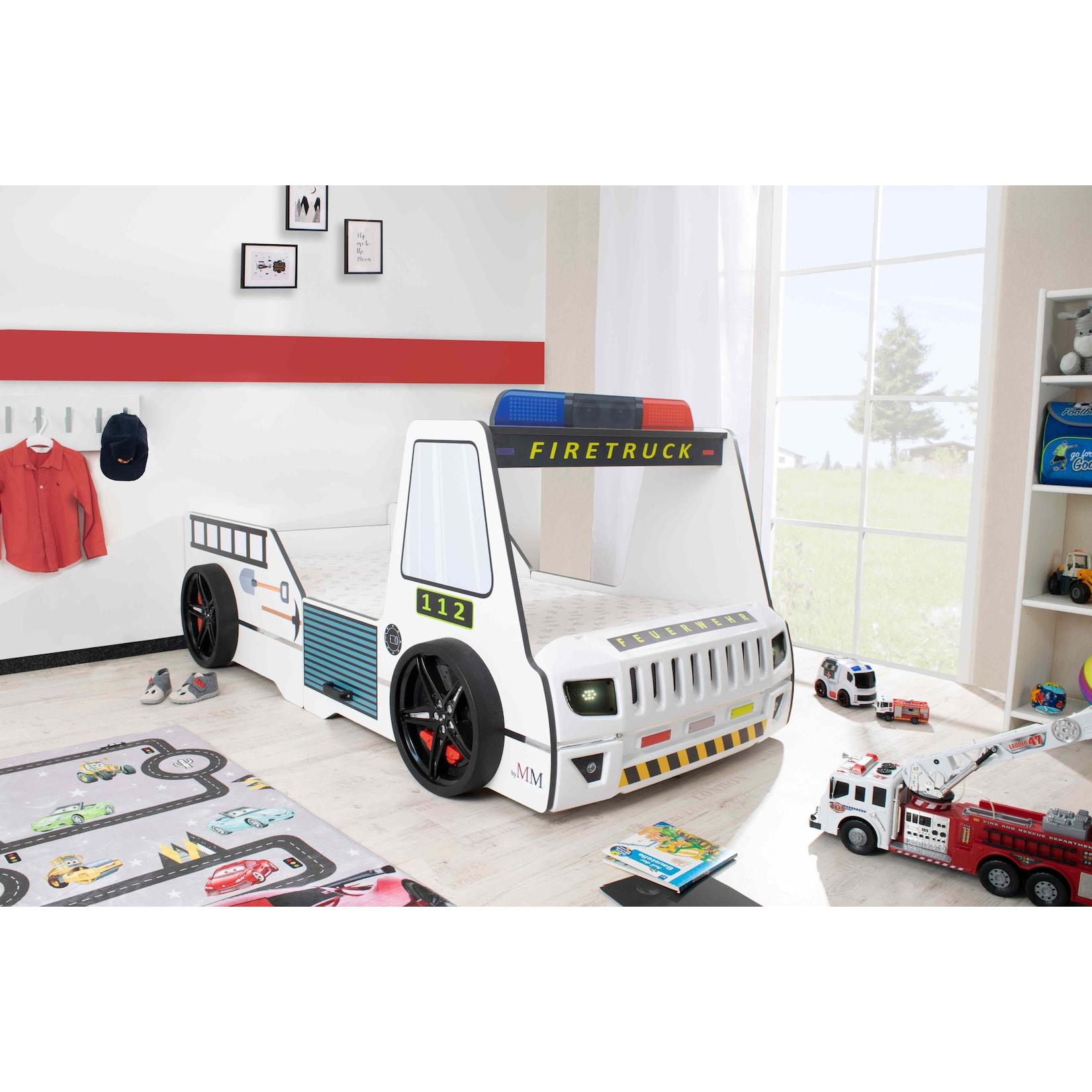 Autobett Kinder 90x200 cm Feuerwehrbett ""Rio Firetruck"" mit LED-Licht und Sirenenoptik