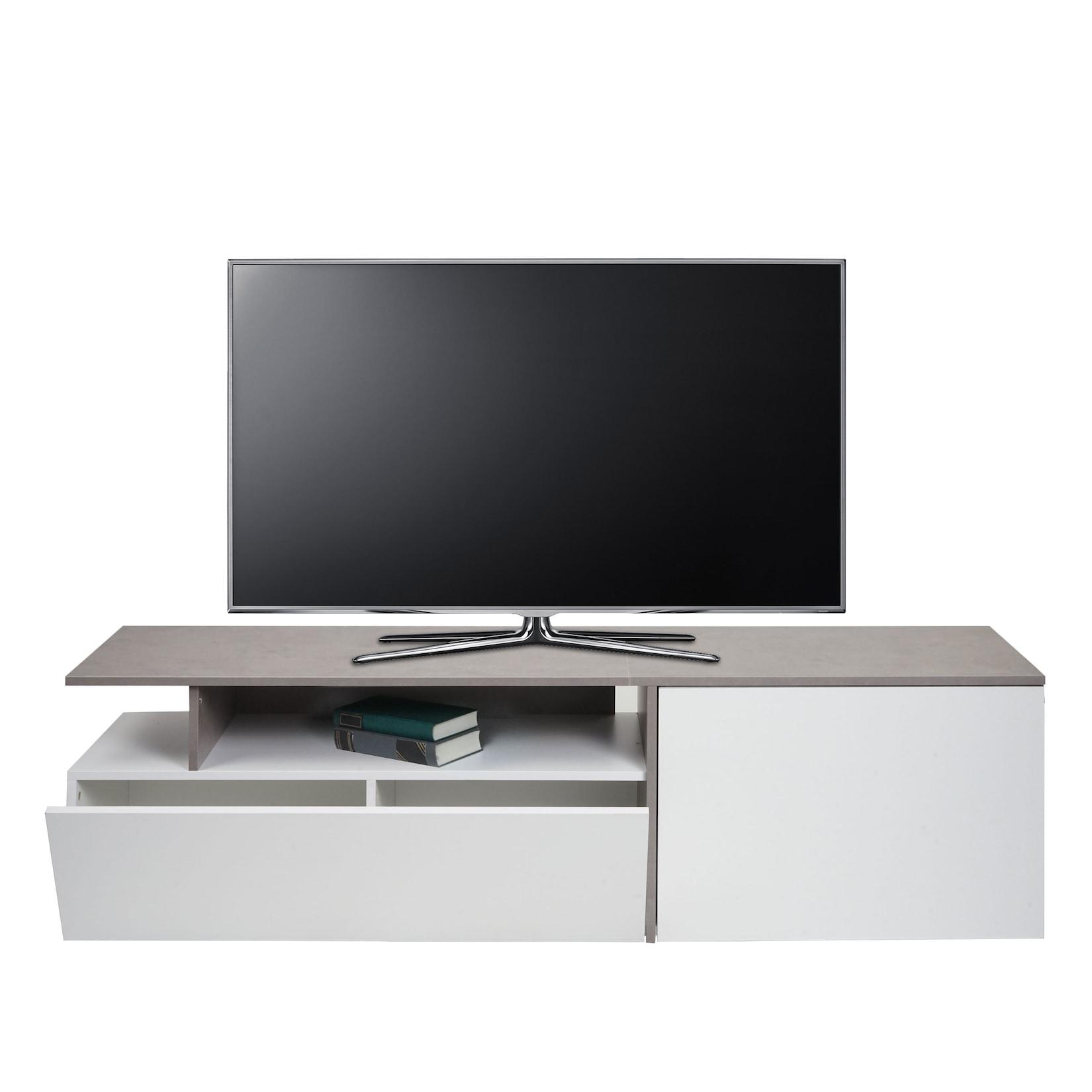 Tv-Rack MCW-L34, Lowboard Fernsehtisch Sideboard Tv-Schrank Kommode, Holz 45X161X40Cm Staufach, Beton-Optik Weiß