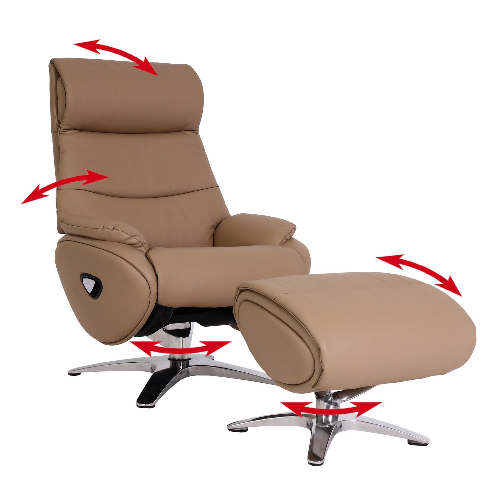 Relaxsessel Mit Hocker MCW-K98, Fernsehsessel Sessel, Liegefunktion Drehbar, Metall Echtleder/Kunstleder ~ Taupe