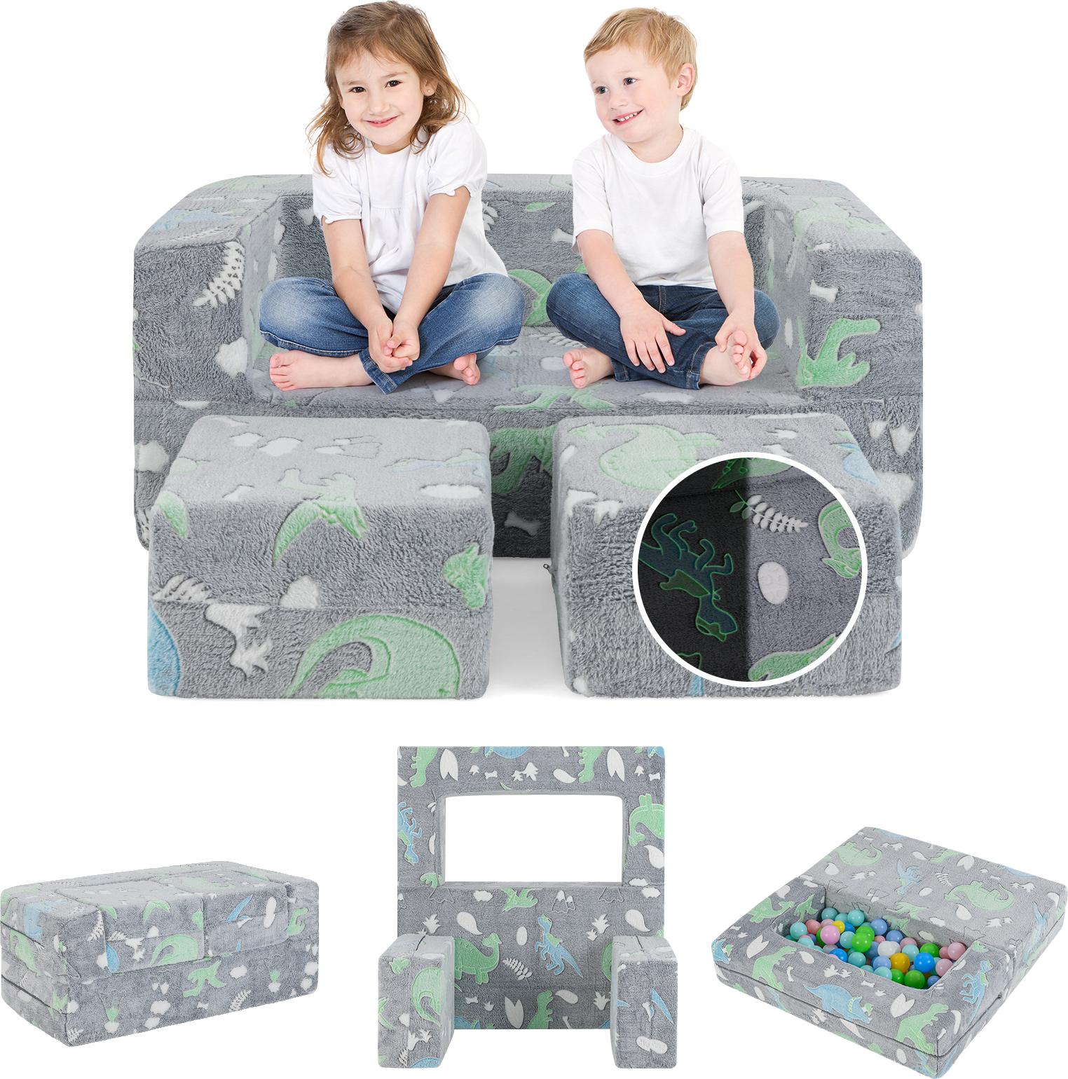 Costway Divano Da Gioco A 2 Posti Per Bambini, Set Da Gioco Modulare Fosforescente, Divano In Peluche 3 In 1 Con Rivestimento In Flanella Lavabile In Lavatrice