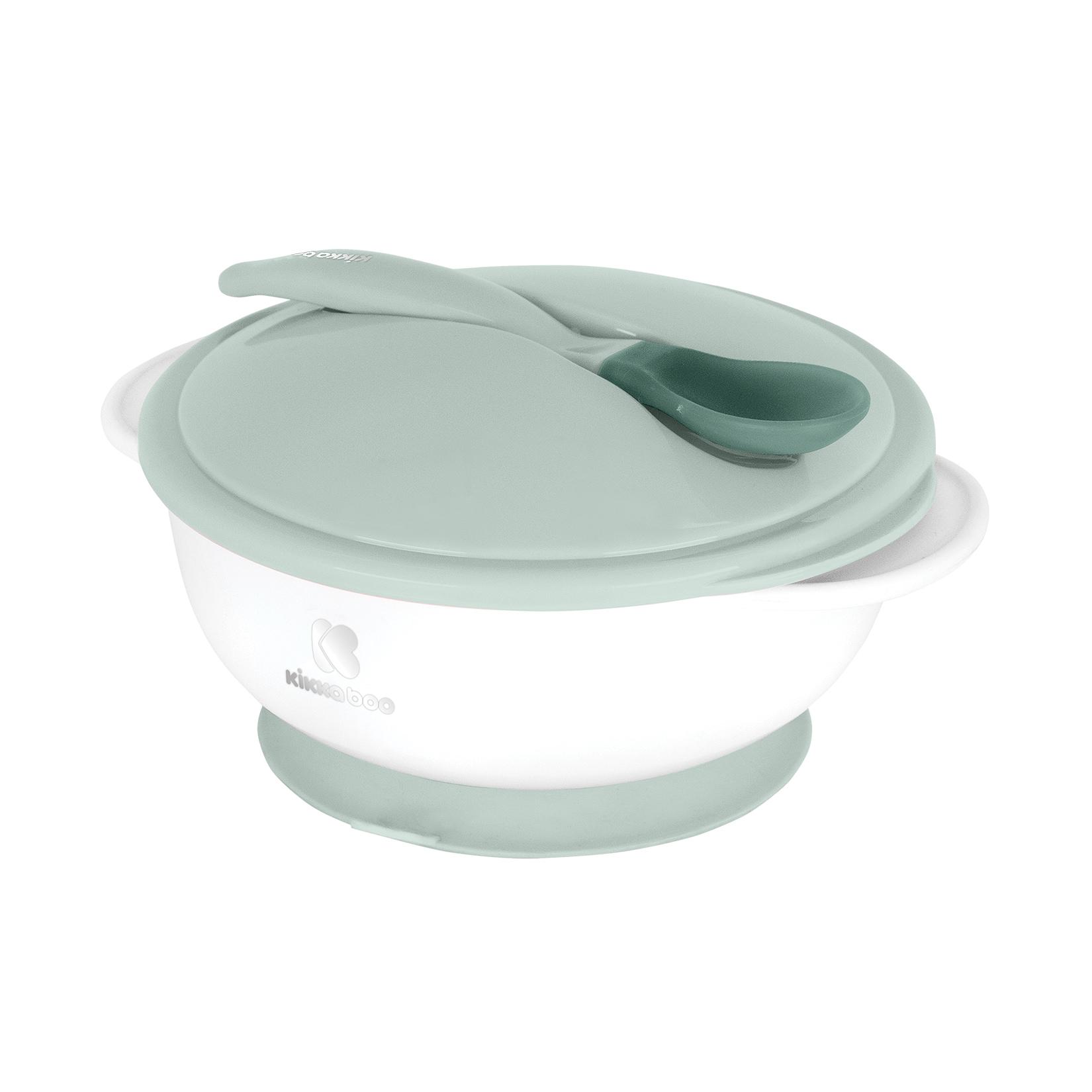 Kikkaboo Baby Essschüssel 250 ml Löffel mit Wärmesensor Warmhalteschüssel Deckel grün