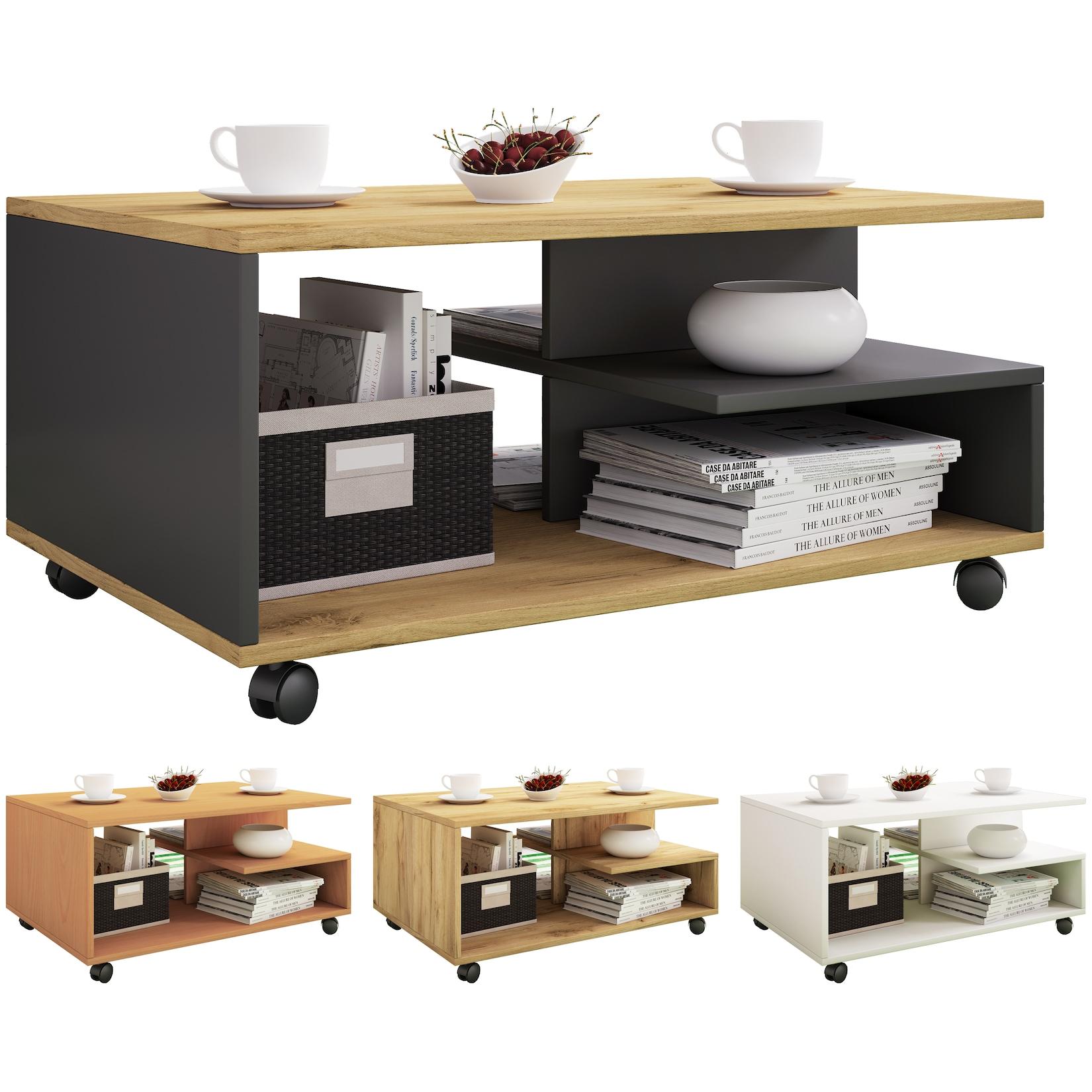 VCM Holz Couchtisch schlicht Sofatisch Rollen Maße ca. H. 41 x B. 80 x T. 50 cm rollbar Kaffeetisch - Stango L