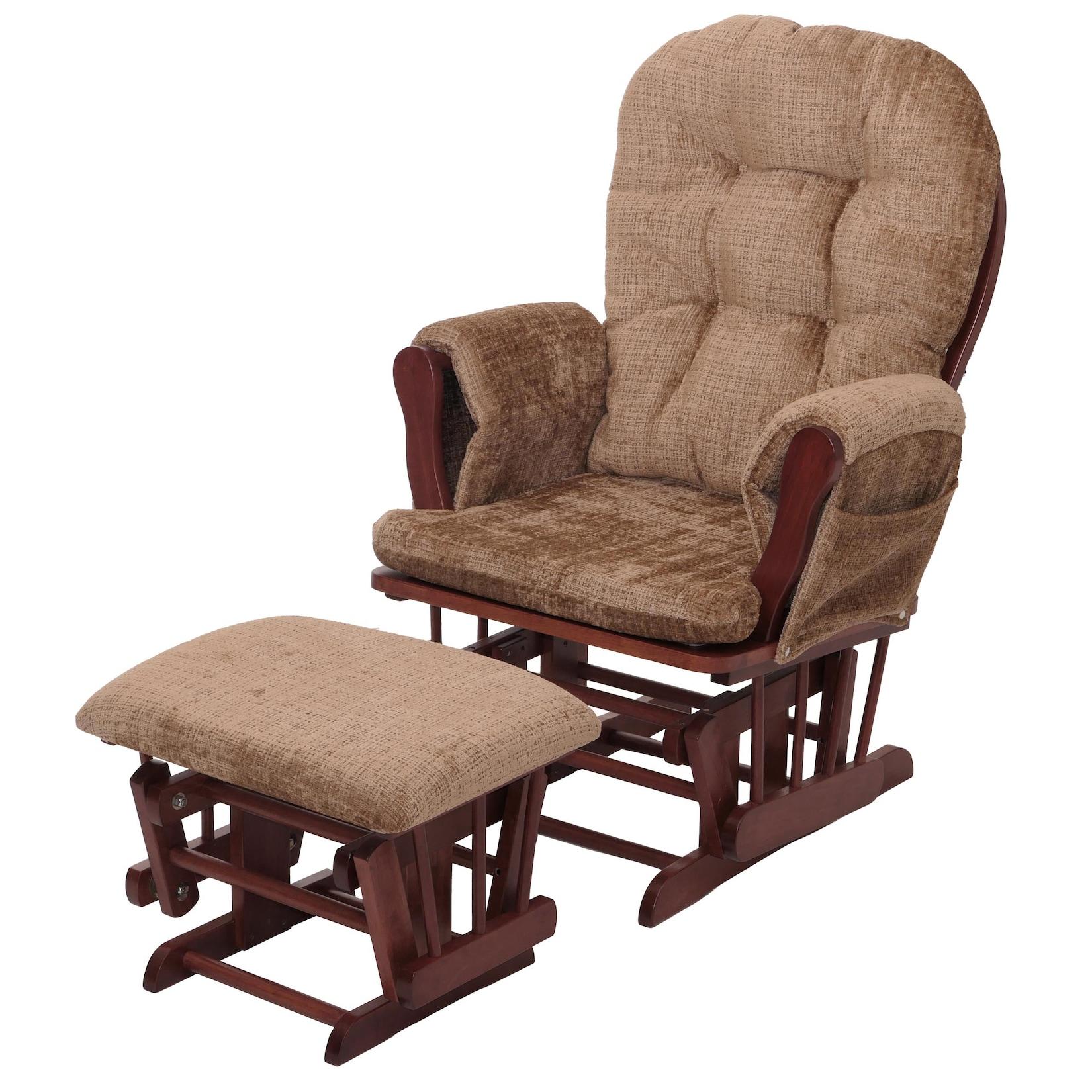Relaxsessel MCW-C76, Schaukelstuhl Schwingstuhl Mit Hocker Stoff Chenille (465G/M²) ÖKo-Tex ~ Hellbraun, Gestell Dunkel