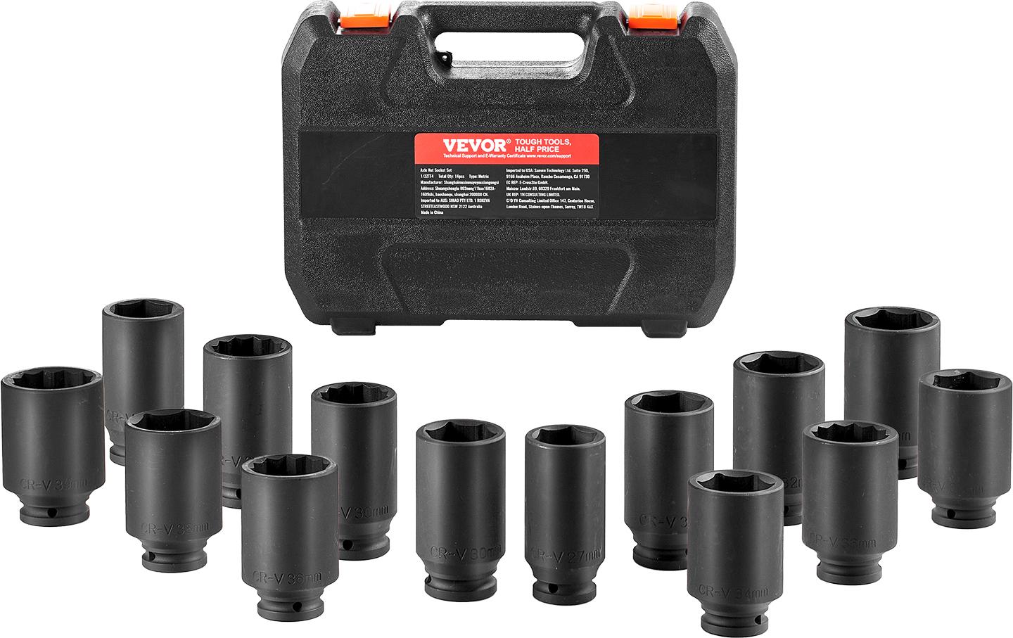 Set Di Chiavi A Bussola A Percussione Per Dadi Asse Vevor Con Attacco Da 12,7 Mm, Set Di Chiavi A Bussola Profonde A 6 E 12 Punti, Metriche, 14 Pezzi, Set Di Chiavi A Bussola CR-V