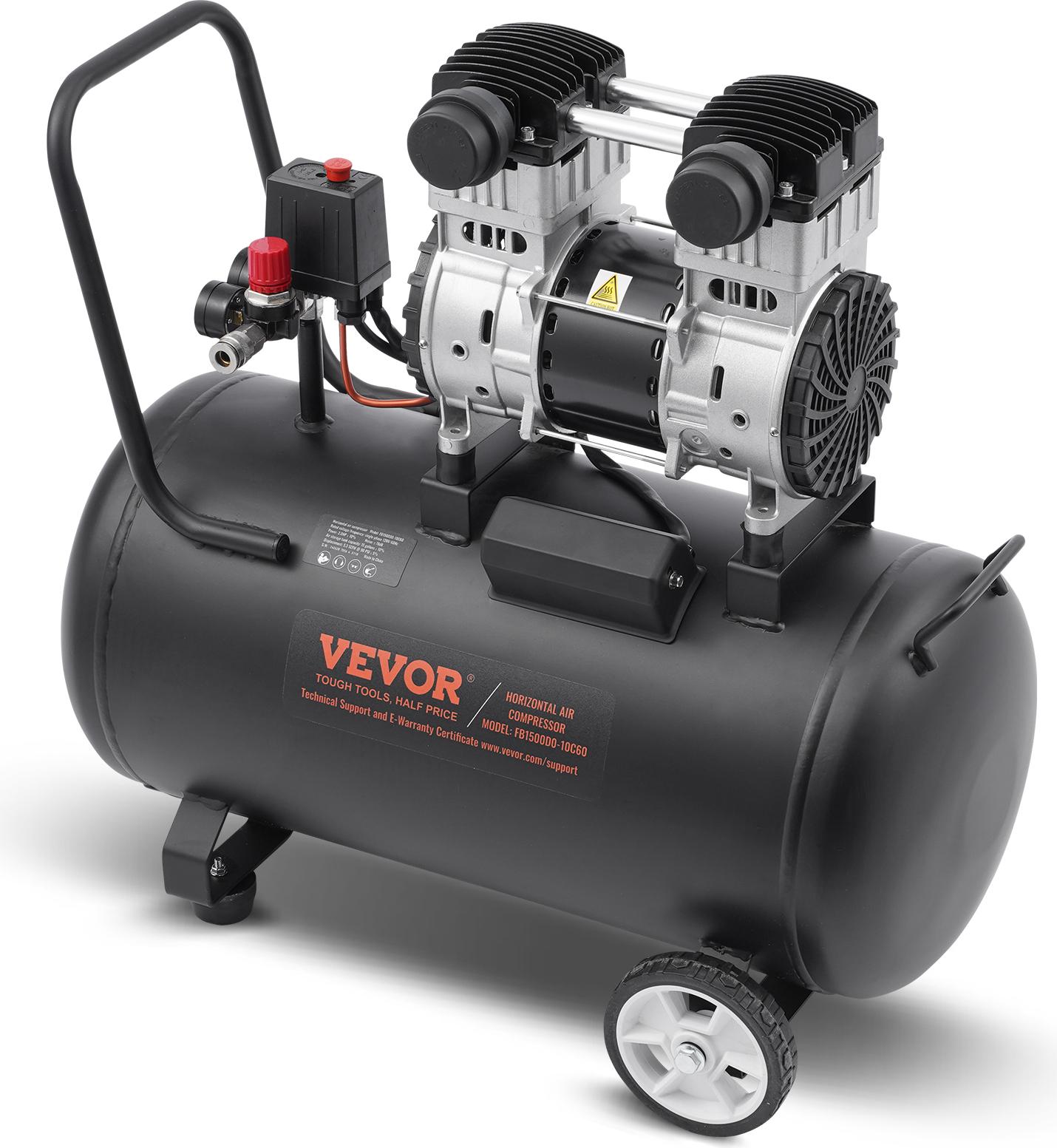 Compressore D'aria Vevor, Serbatoio In Acciaio Da 15 Galloni, Compressore D'aria Oil-Free Da 2 Hp 5,3 CFM@90 Psi E Pressione Massima Di 125 Psi, Compressore Portatile Ultra-Silenzioso Da 78 Db, Per Riparazioni Auto, Gonfiaggio Pneumatici,