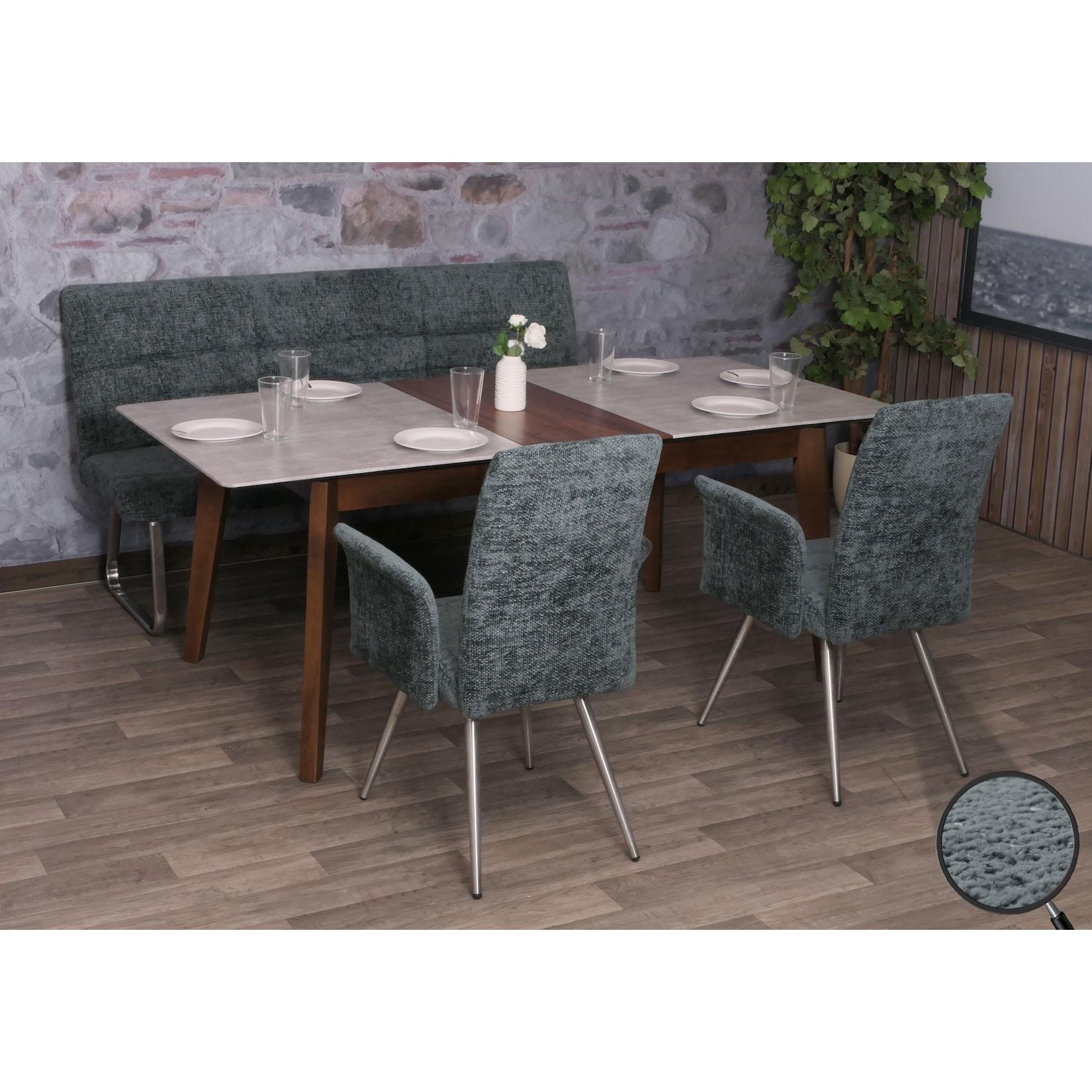 Esszimmer-Set MCW-G55, 2Er-Set Stuhl Mit Armlehne+Sitzbank 180Cm, Edelstahl GebüRstet Stoff/Textil Chenille ~ Blau-GrüN