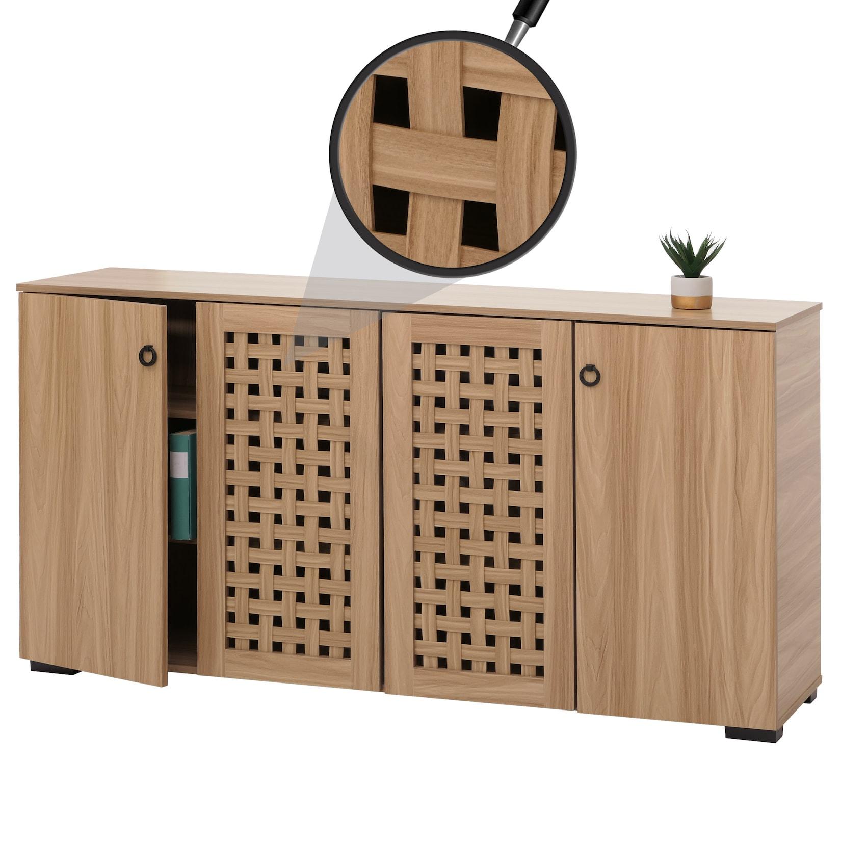 Sideboard MCW-N87, Kommode Schrank Anrichte, 3D-Flecht-Design 4 TüRen 9 StaufäCher 83X159X37Cm ~ Braun