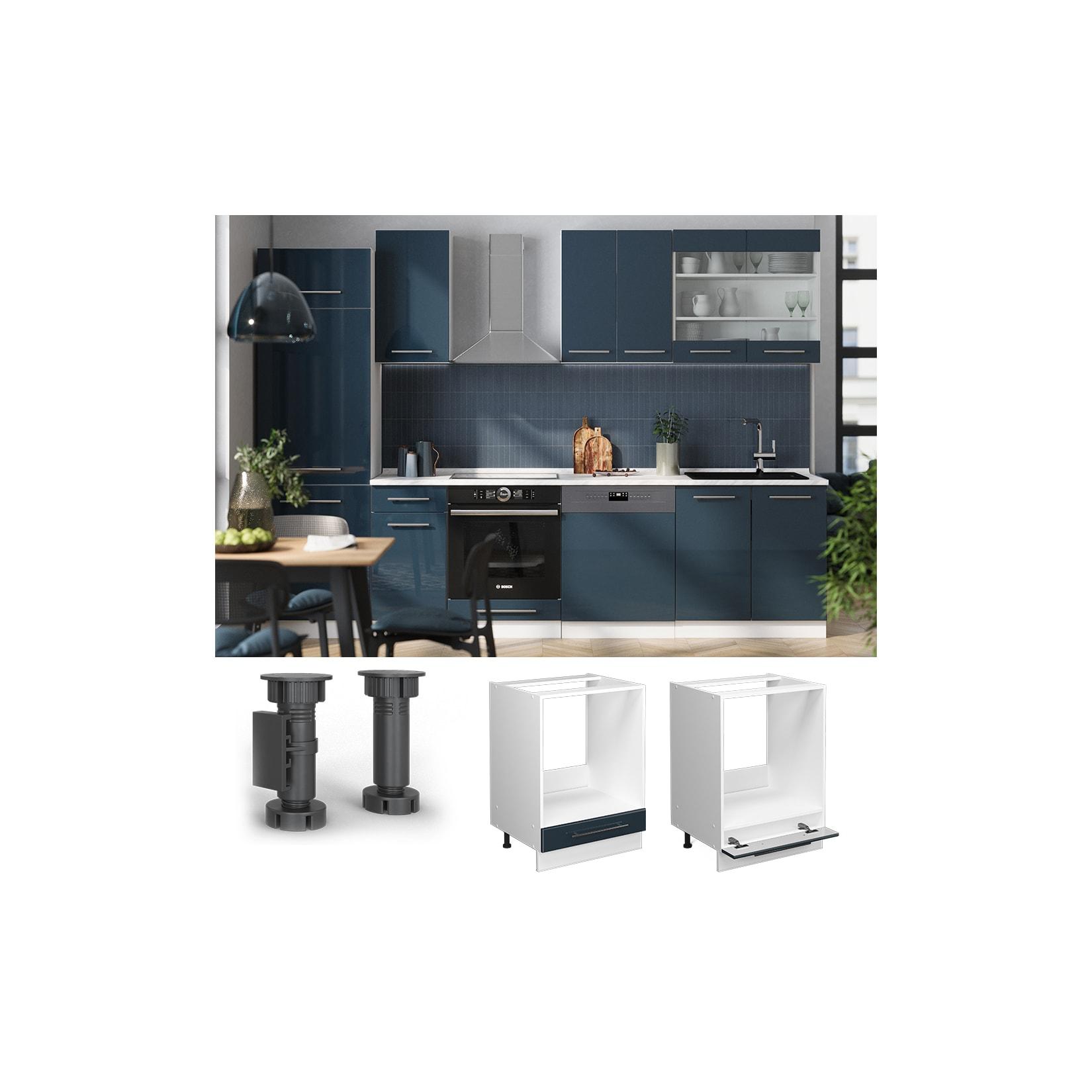 Vicco Herdumbauschrank Fame-Line Weiß Dunkelblau Hochglanz 60 cm mit Arbeitsplatte Weiß-Marmor