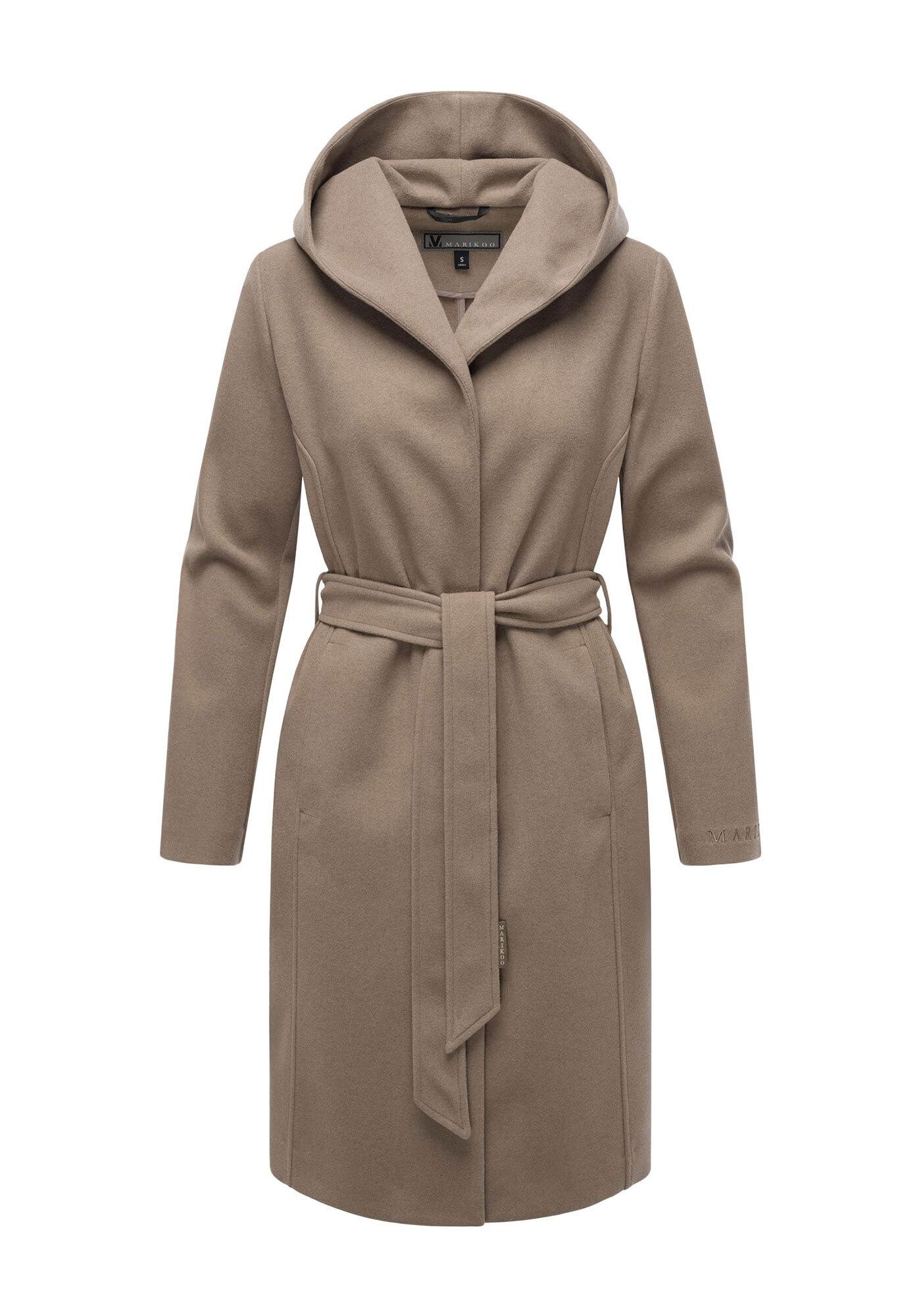 Kurzmantel Marikoo "Kailii", Damen, Gr. L, Grau (Schwarz Taupe), 90% Polyester, 10% Viskose, MäNtel Kurzmantel, Eleganter Wickel Mantel Mit TaillengüRtel Und Oversized Hood Kapuze