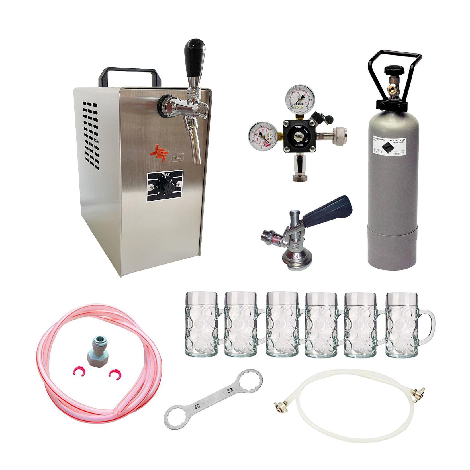 ich-zapfe Komplett Set - Zapfanlage JET 30 Bierkoffer, Durchlaufkühler 1-leitig Trockenkühler, bis zu 35 Liter/h, inkl. Biergläser ISAR 0,3 Liter 6 Stk., Zapfkopf:KeyKeg
