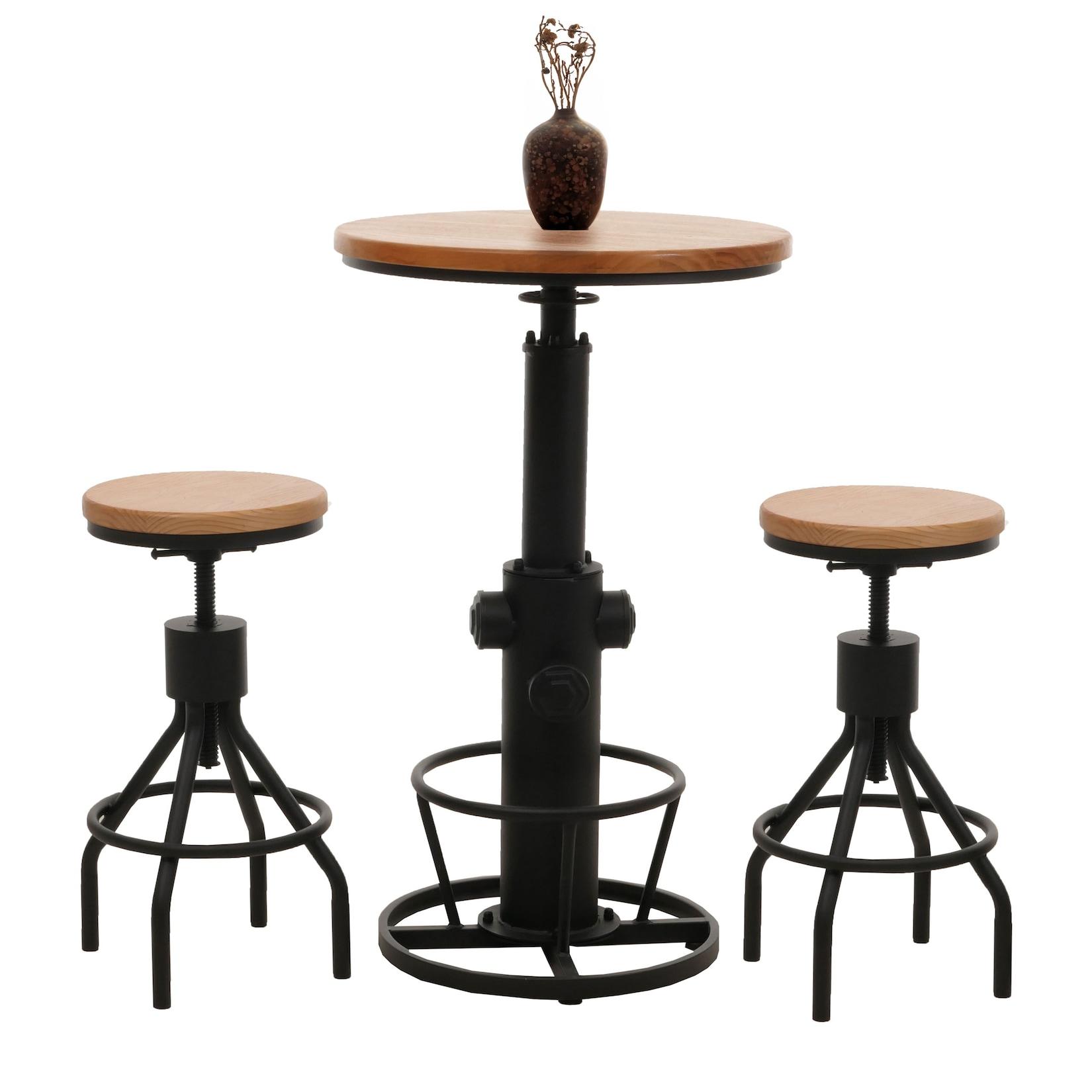 Set Bartisch + 2X Barhocker MCW-N17, Barstuhl Stehtisch HöHenverstellbar Drehbar FußAblage Industrial Holz ~ Natur
