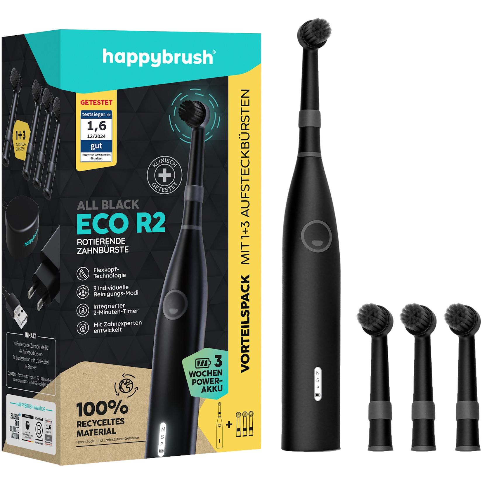 happybrush Elektrische Zahnbürste ECO R2 Allblack + 3 Refills