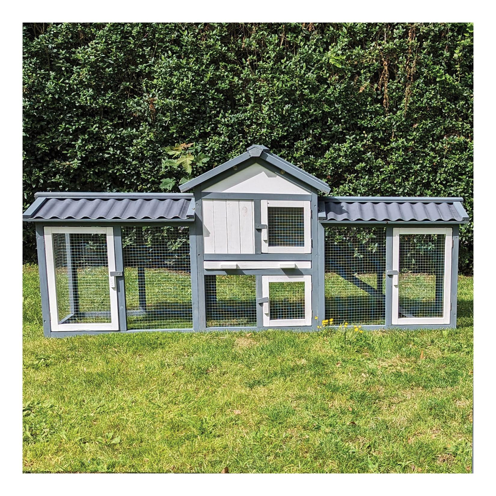 NYVI Hasenstall Picasso mit Auslauf - Grau - XXL Kleintierstall mit Gehege - PVC Dach - Winterfest & Wetterfest für Draußen