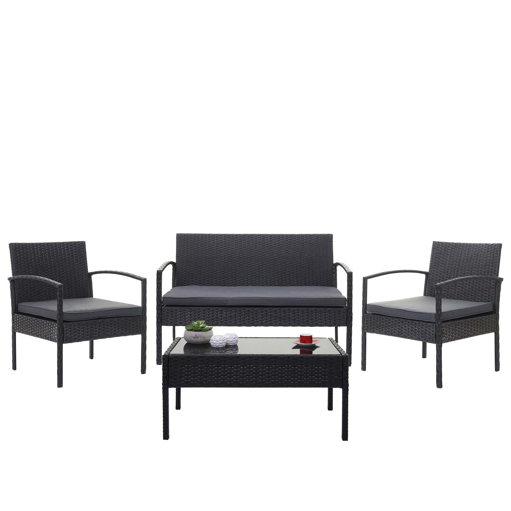 Poly-Rattan Garnitur MCW-F56, Balkon-/Garten-/Lounge-Set Sitzgruppe ~ Schwarz, Kissen Dunkelgrau
