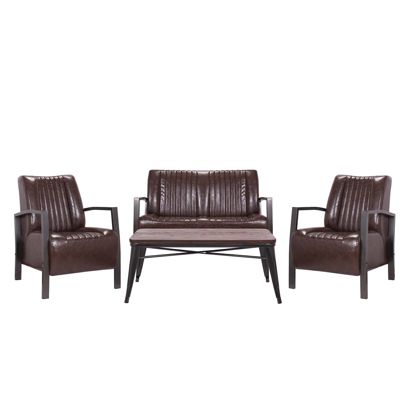 Wohnzimmer-Set MCW-H10, 2er Sofa Polstersessel Couchtisch, Kunstleder Metall Industrial MVG ~ braun