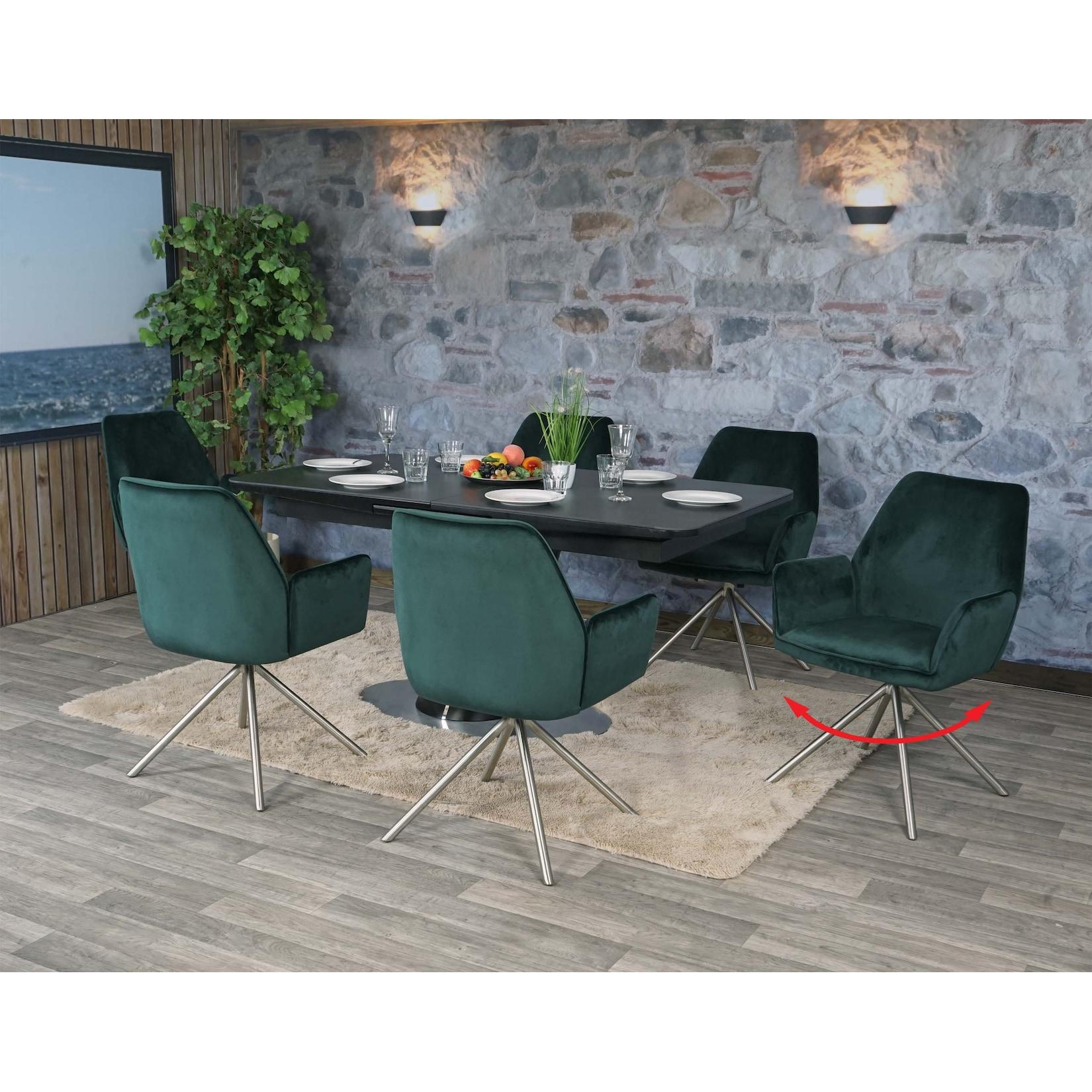6Er-Set Esszimmerstuhl MCW-G67, KüChenstuhl Armlehne, Drehbar Auto-Position, Samt Mvg ~ GrüN, Edelstahl