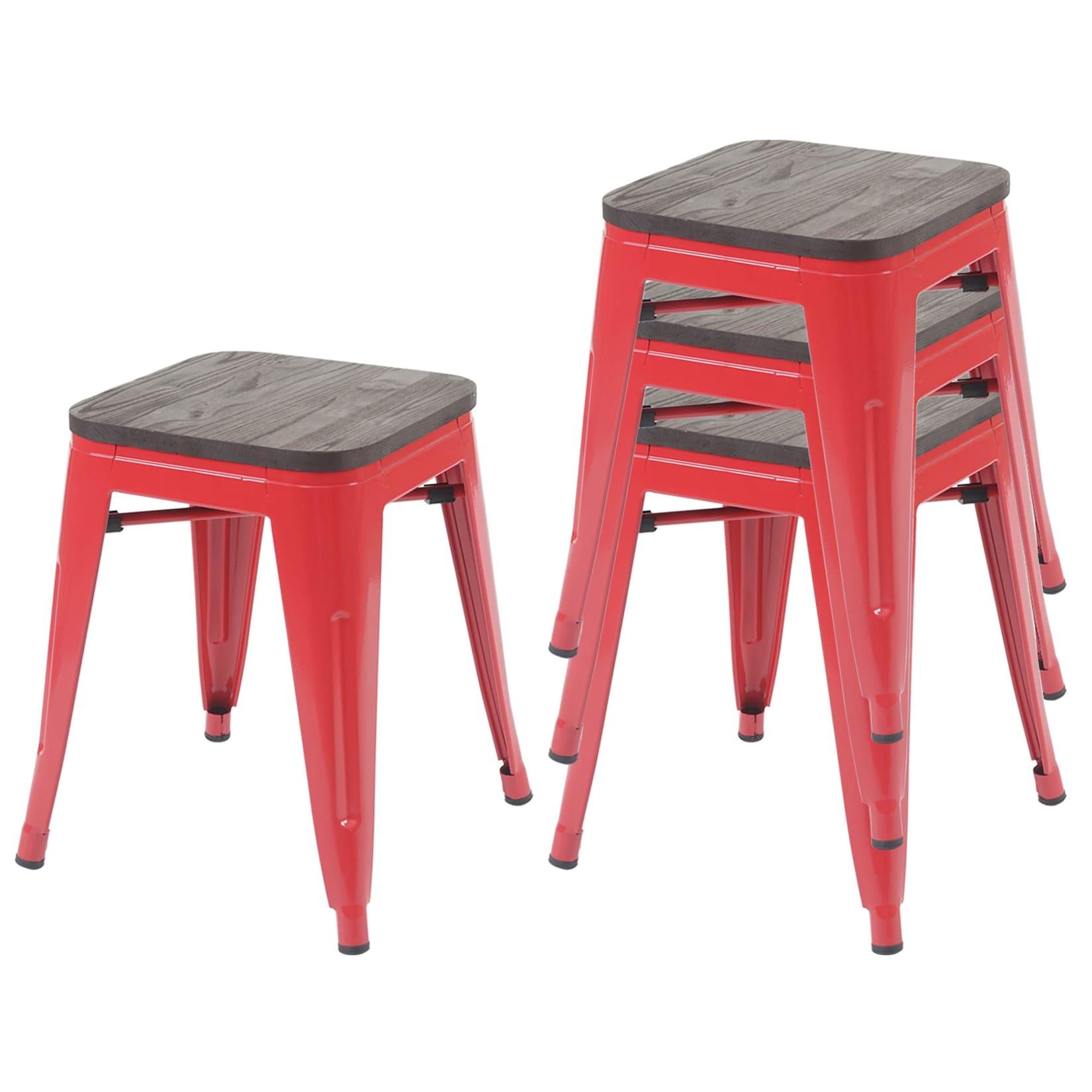 4Er-Set Hocker MCW-A73 Inkl. Holz-SitzfläChe, Metallhocker Sitzhocker, Metall Industriedesign Stapelbar ~ Rot