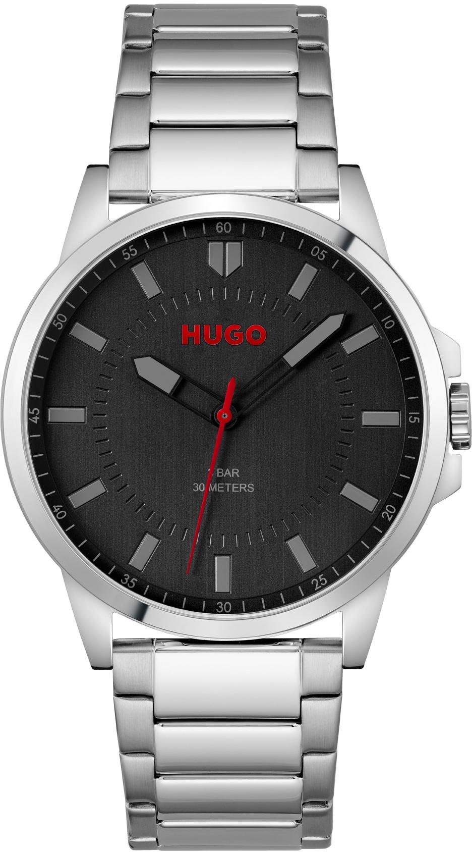Quarzuhr Hugo "First", Silber (Silberfarben, Schwarz), Armbanduhren, Herren, Quarzuhr, Armbanduhr, Herrenuhr, Mineralglas, Edelstahlarmband