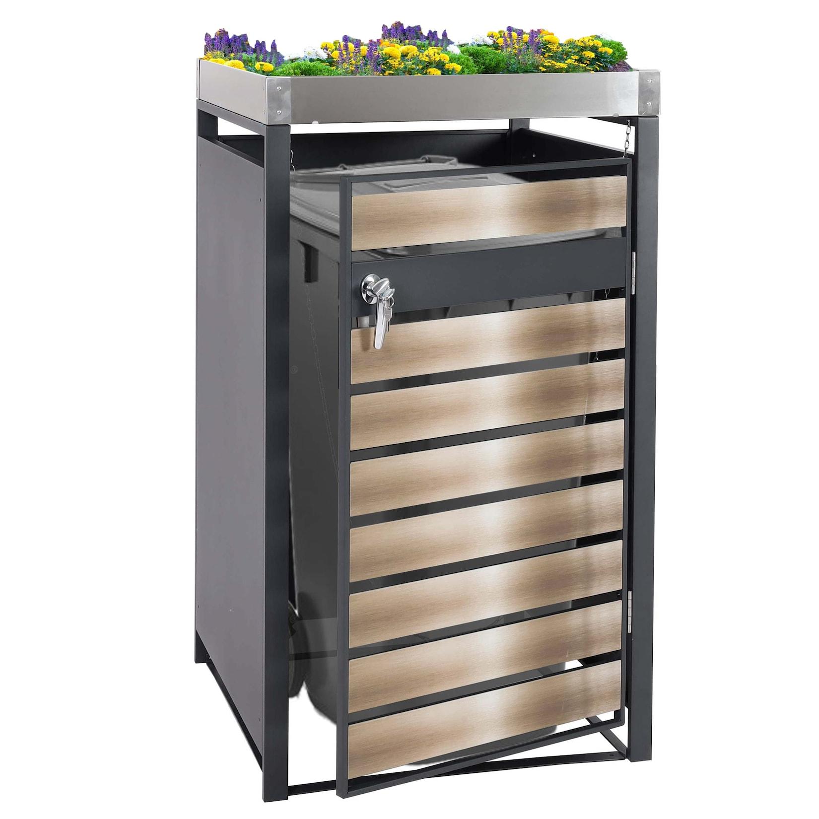 1er Mülltonnenverkleidung mit Pflanzkasten MCW-J81, erweiterbar, 125x68x80cm Metall 31kg, anthrazit ~ gold