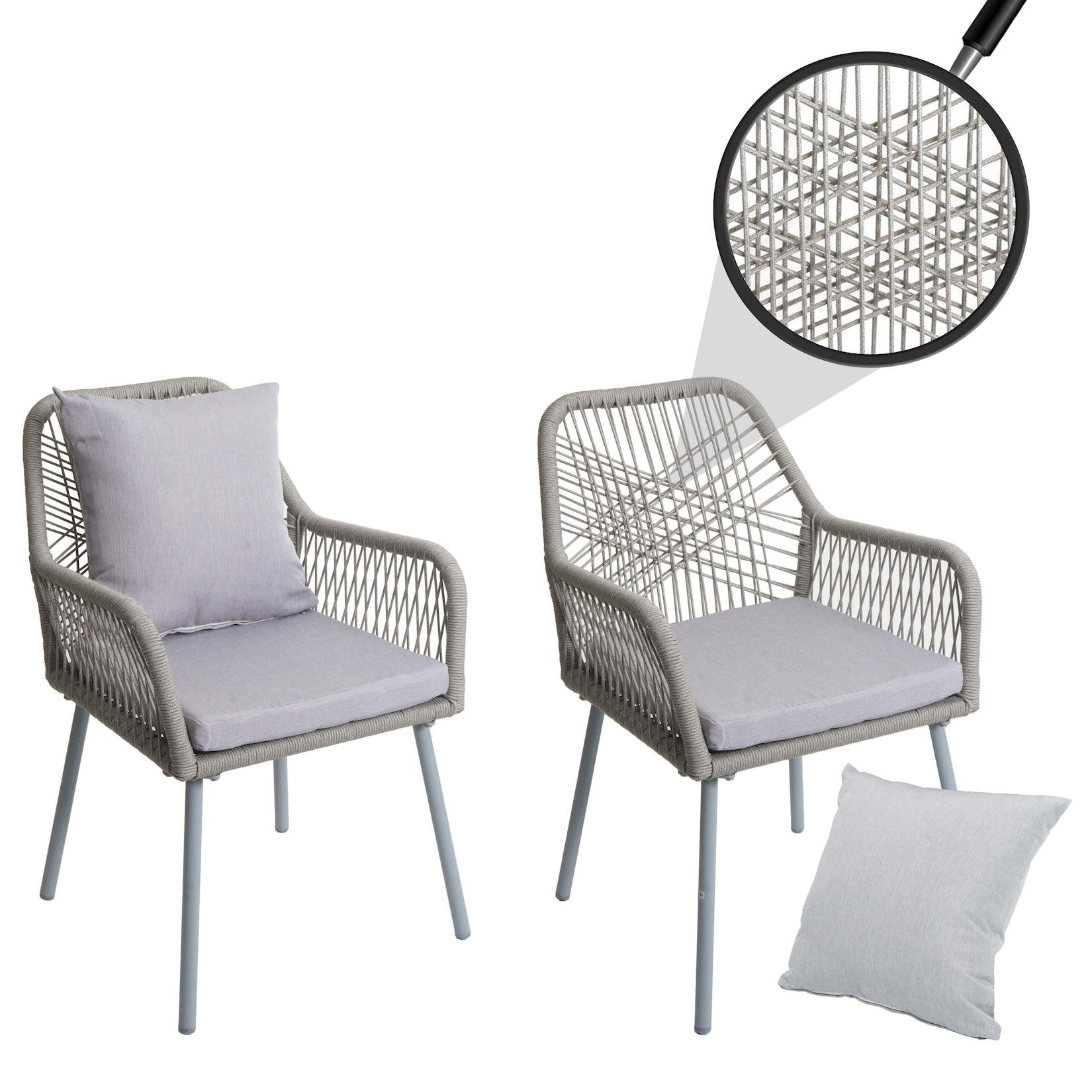 2Er-Set Gartenstuhl MCW-O12, Outdoor Sitz-/RüCkenpolster Aluminium Seilgeflecht Rope ~ Grau, Bezug Grau