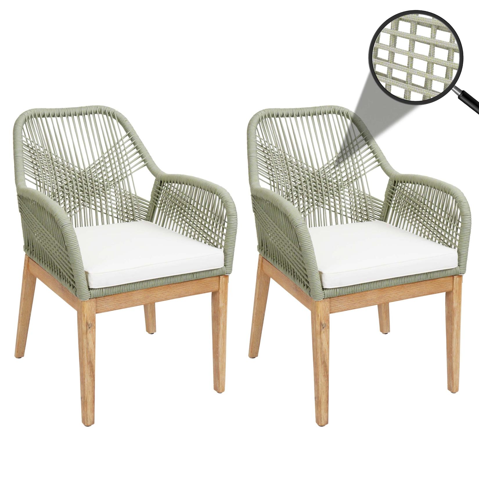 2Er-Set Gartenstuhl Mcw-H56B, Sessel Outdoor, Wetterfest Seilgeflecht Rope Holz Akazie ~ GrüN Kissen Creme