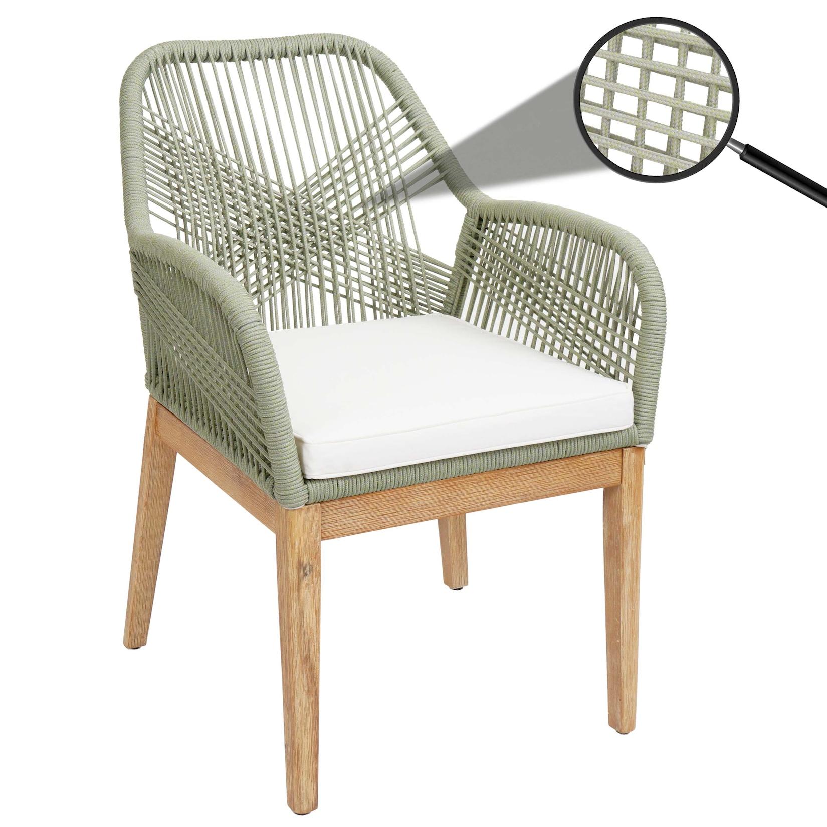 Gartenstuhl Mcw-H56B, Sessel Outdoor Stuhl, Wetterfest Seilgeflecht Rope Holz Akazie ~ GrüN Kissen Creme