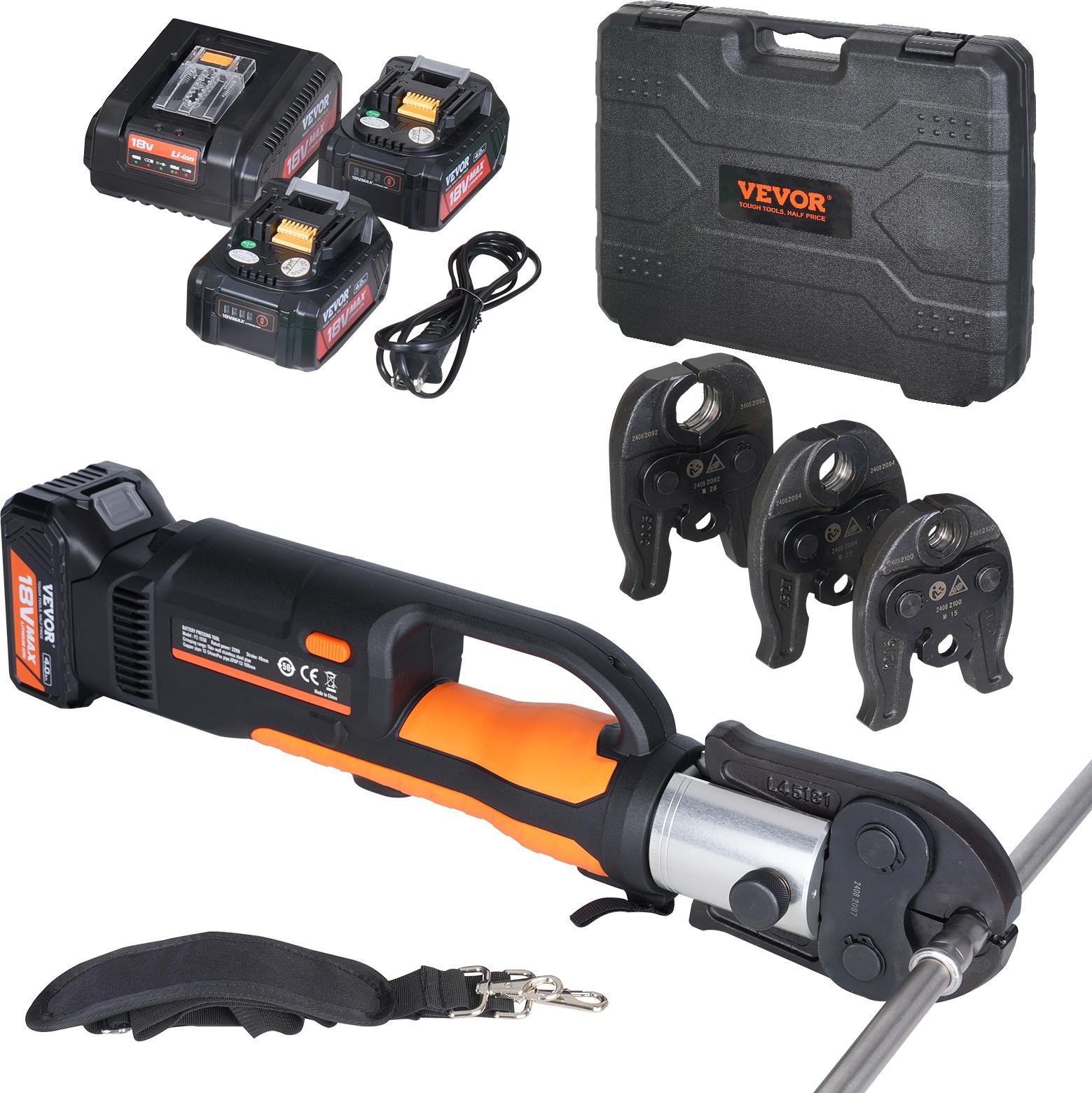 Set Di Utensili A Crimpare E Batterie Vevor, Utensile A Crimpare Pro, Utensile Elettrico Per La Crimpatura Di Tubi Con Ganasce M15, M22, M28, Set Di Utensili A Crimpare Con 2 Batterie Da 20 V 4,0 Ah, Caricabatterie Rapido E Valigetta Di Trasporto