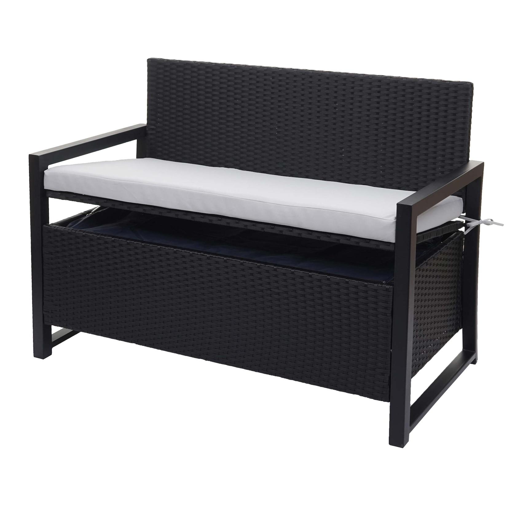 Poly-Rattan 2Er Sitzbank MCW-F39, Gartenbank Truhenbank, Staufach Aufbewahrung Sitzkissen ~ Anthrazit, Kissen Grau