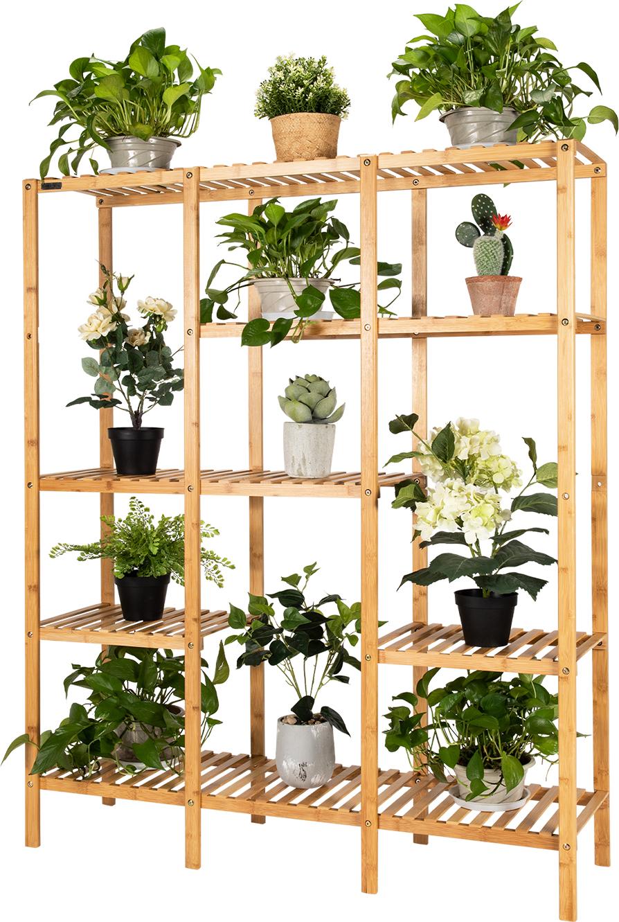 Costway Scaffale Per Piante In Bambù, Scaffale In Piedi Con 5 Livelli E Appendiabiti, Scaffale Per Piante A Scala Di Fiori Scaffale Divisorio Per Ambienti Scaffale Per Fiori 114X31X141Cm