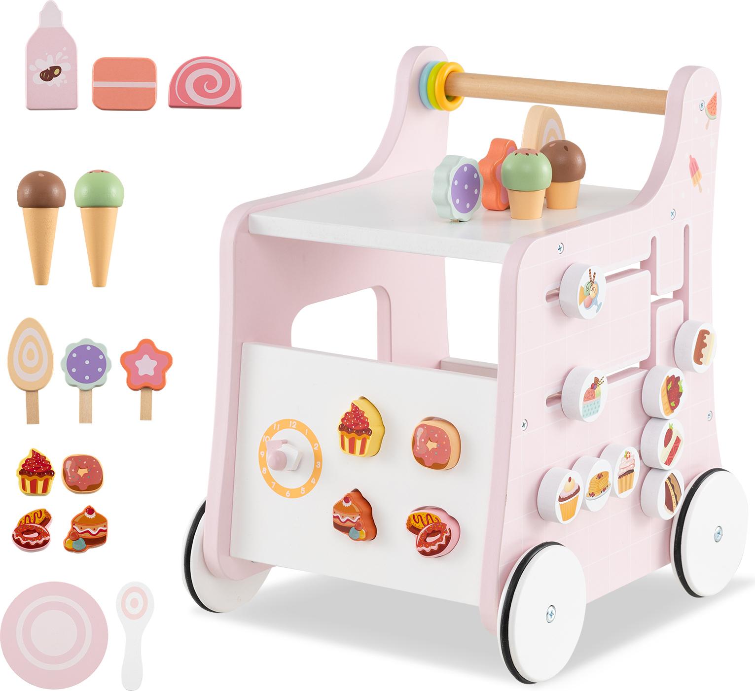 Costway Girello Per Bambini 2 In 1, Girello In Legno Con Portaoggetti, Negozio Di Dolci Su Ruote Con Gelato, Slider, Labirinto, Piatto E Cucchiaio