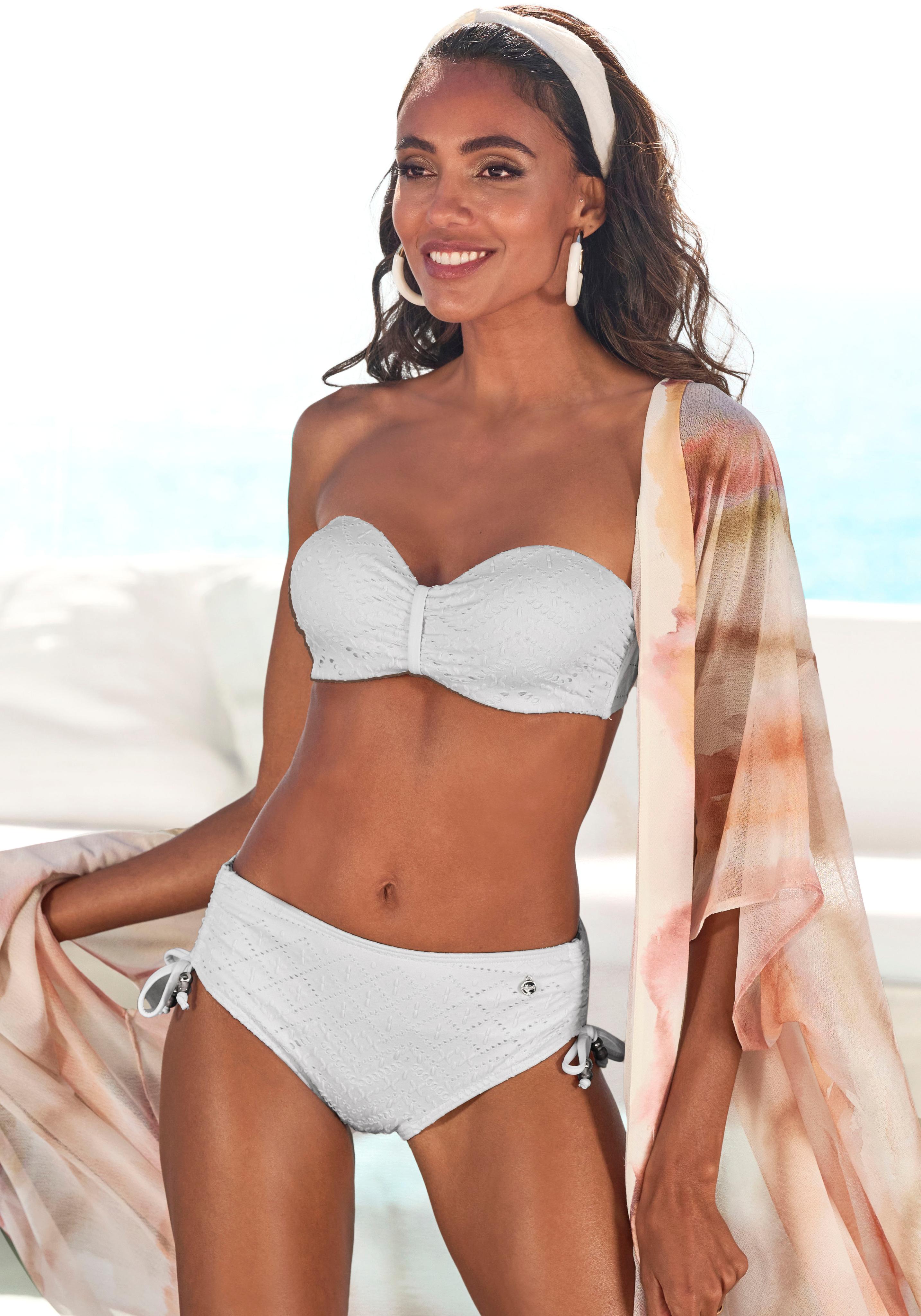 Bikini-Hose Lascana "Omara", Damen, Gr. 36, N-Gr, Beige (Creme), Recycling-Polyamid, Unifarben, Badehosen Bikini-Hose, Mit Lochstickerei