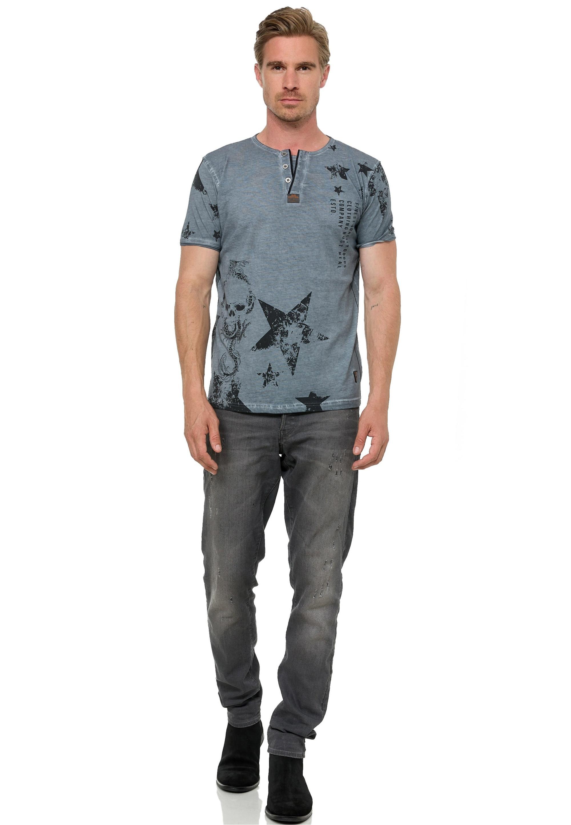 T-Shirt Rusty Neal, Herren, Gr. Xl, Grau (Anthrazit), 100% Baumwolle, Bedruckt, Normal, Ohne Ausschnitt, Shirts T-Shirt, Mit Skull-Print Und Knopleiste