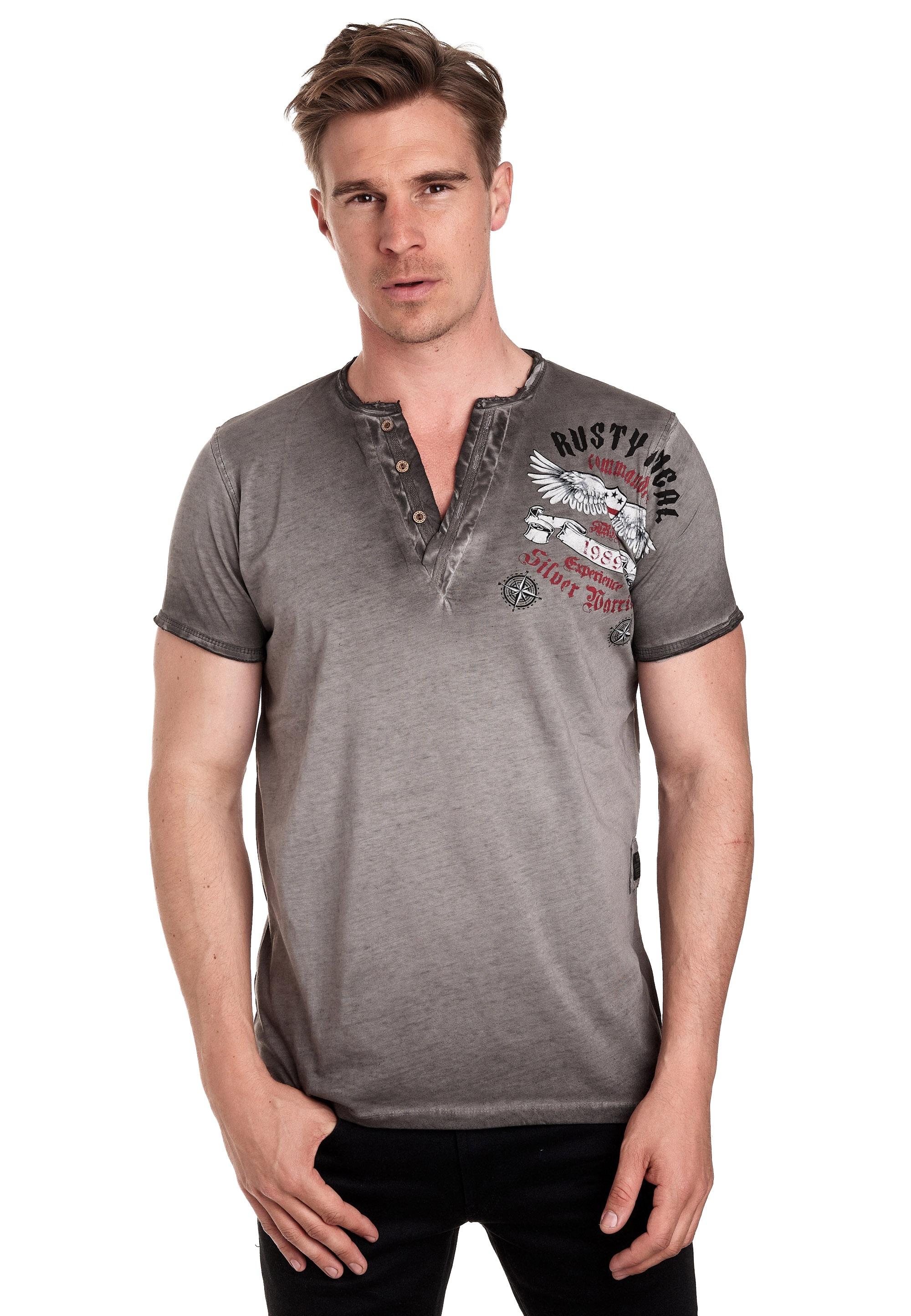 T-Shirt Rusty Neal, Jungen, Gr. Xxl, Grau (Anthrazit), 100% Baumwolle, Bedruckt, Meliert, Rundhals, Shirts T-Shirt, Mit Modischer Knopfleiste