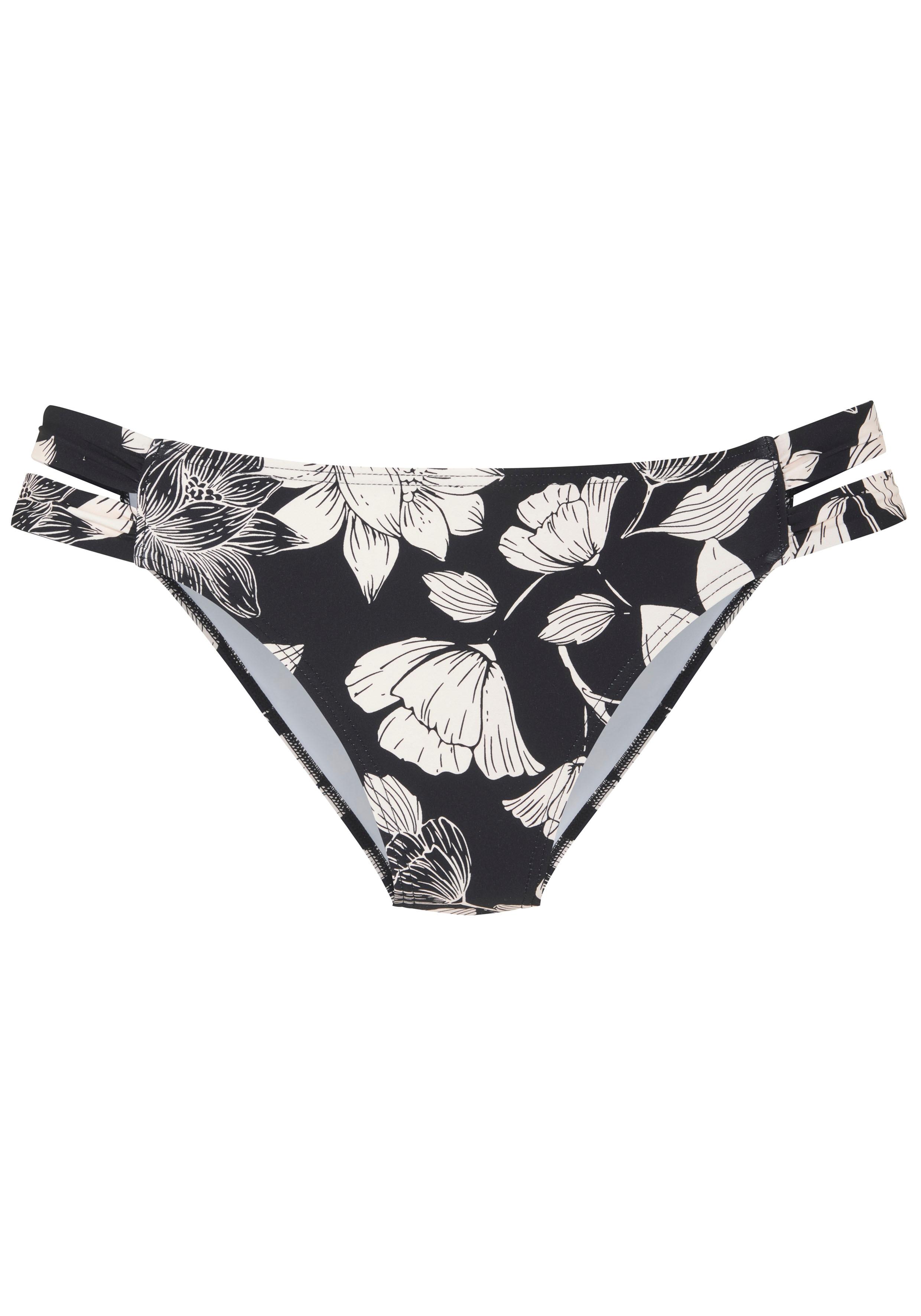Bikini-Hose S.Oliver "Lady", Damen, Gr. 40, N-Gr, Beige (Schwarz, Creme), Microfaser, Recycling-Polyamid, GeblüMt, Badehosen Bikini-Hose, Mit Floralem Design
