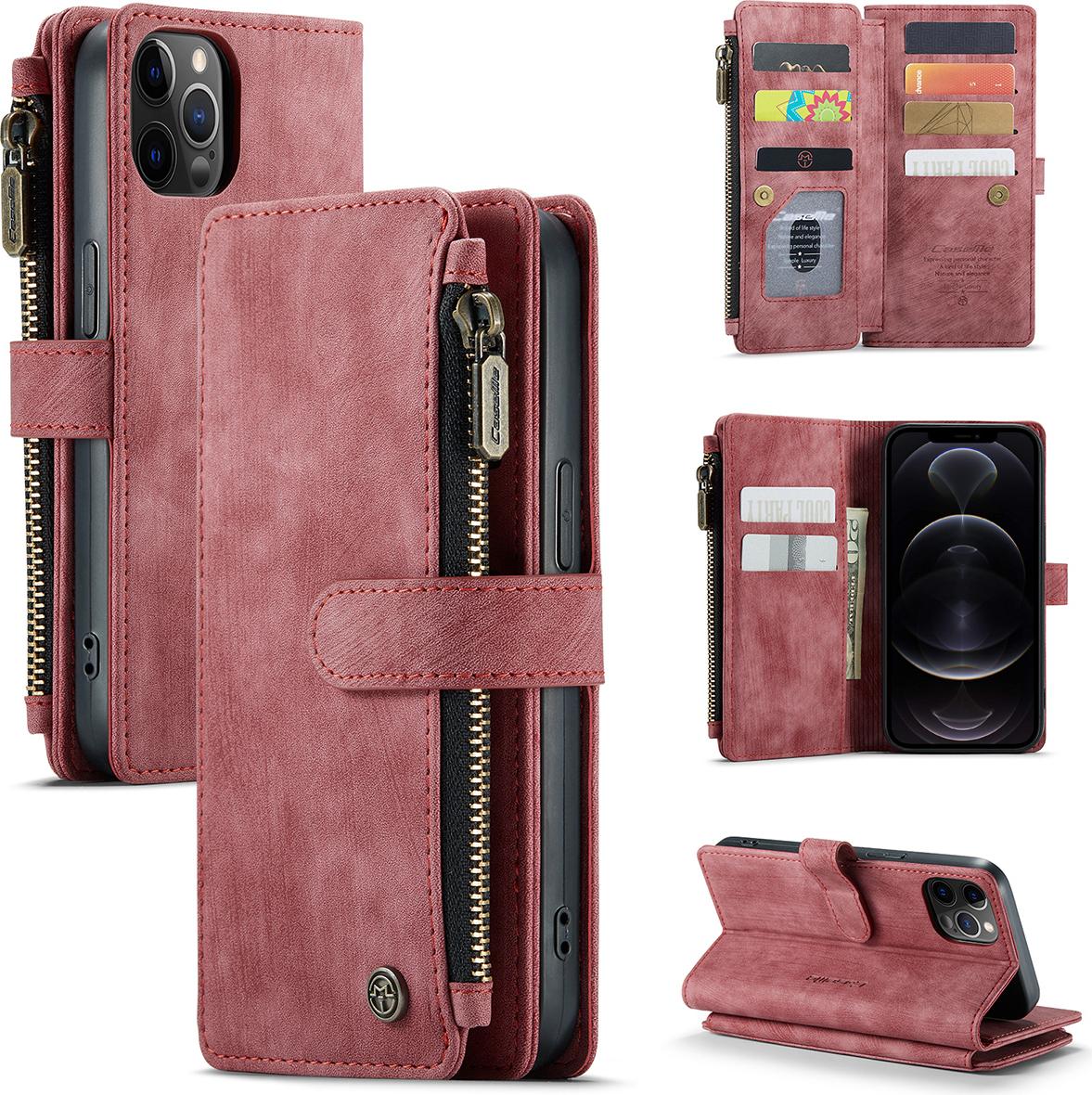 Custodia Per Iphone 12 / 12 Pro, Custodia Con Chiusura A Zip Custodia Flip In Finto Cuoio Chiusura Magnetica Porta Carte Funzione Stand Portafoglio Custodia Protettiva Per Iphone 12 / Iphone 12 Pro Rosso