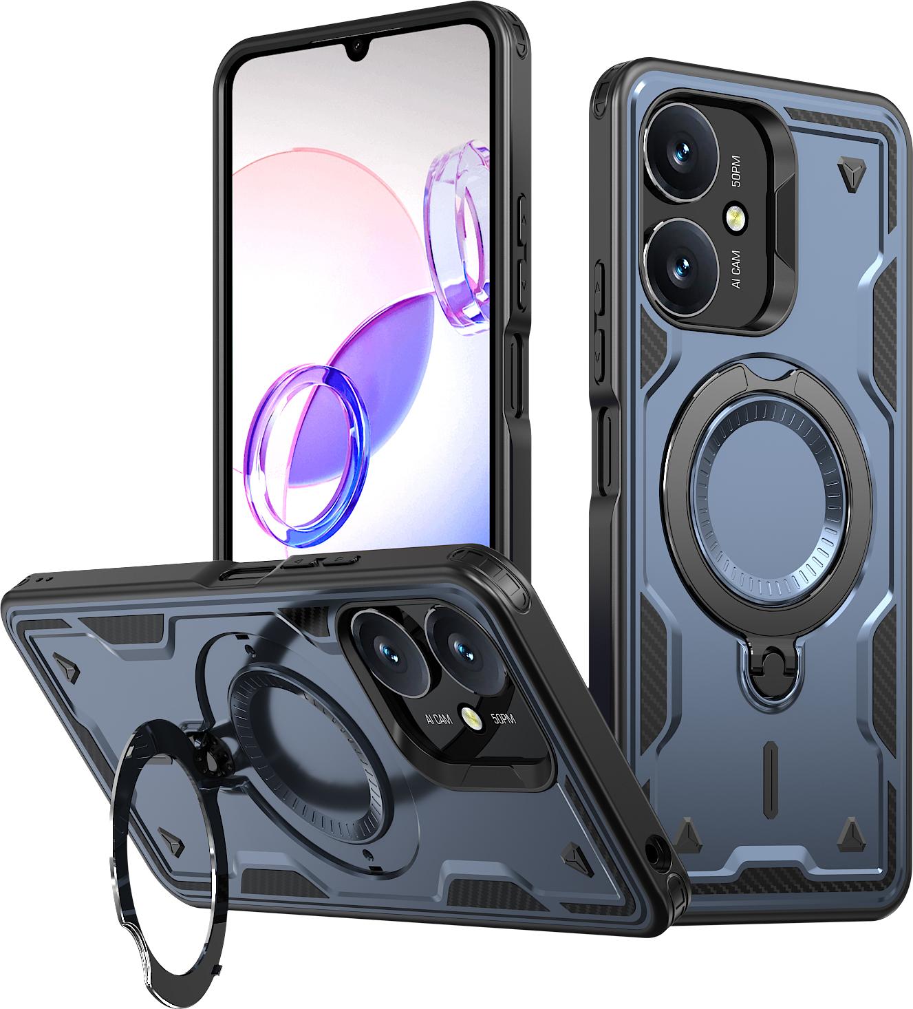 Custodia A Doppio Strato Per Xiaomi Redmi 13C/Redmi 13R/Poco C65 4G/Poco M6 5G, Custodia Protettiva Militare Magnetica Con Anello In Metallo E Supporto Blu
