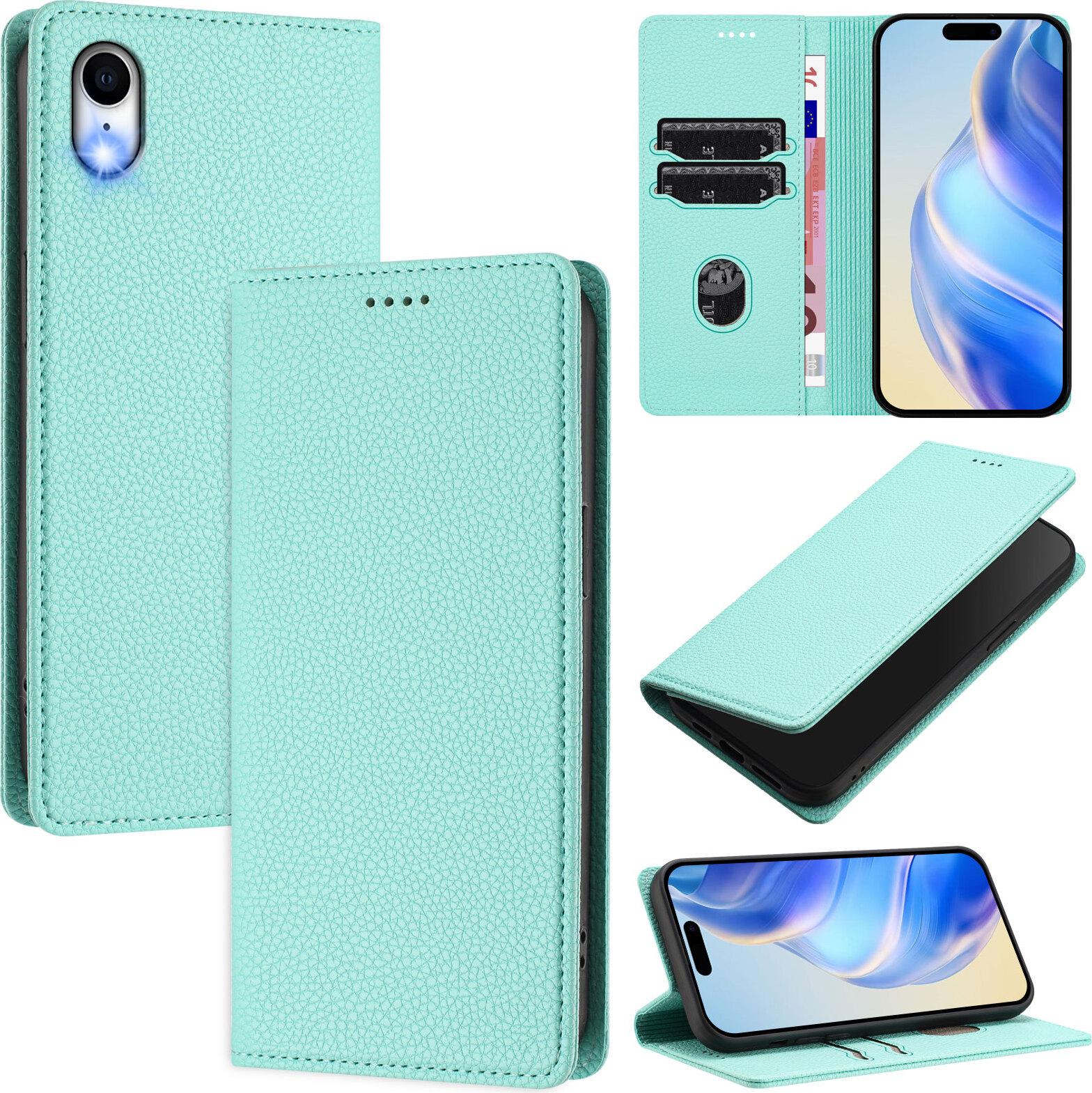 Custodia In Pelle Per Iphone Xr, Pelle Litschi, Custodia A Portafoglio Con Slot Per Carte E Supporto Turchese