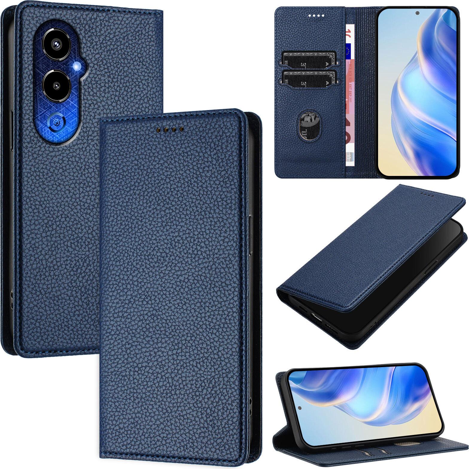 Custodia In Pelle Per Tecno Pova 4 Pro, In Pelle Litschi, Custodia A Portafoglio Con Slot Per Carte E Supporto Blu