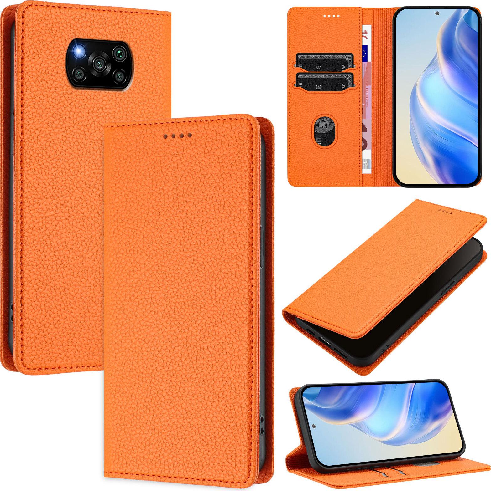 Custodia In Pelle Per Xiaomi Poco X3 / X3 Nfc / X3 Pro, Pelle Litschi, Custodia A Portafoglio Con Slot Per Carte E Supporto Arancione