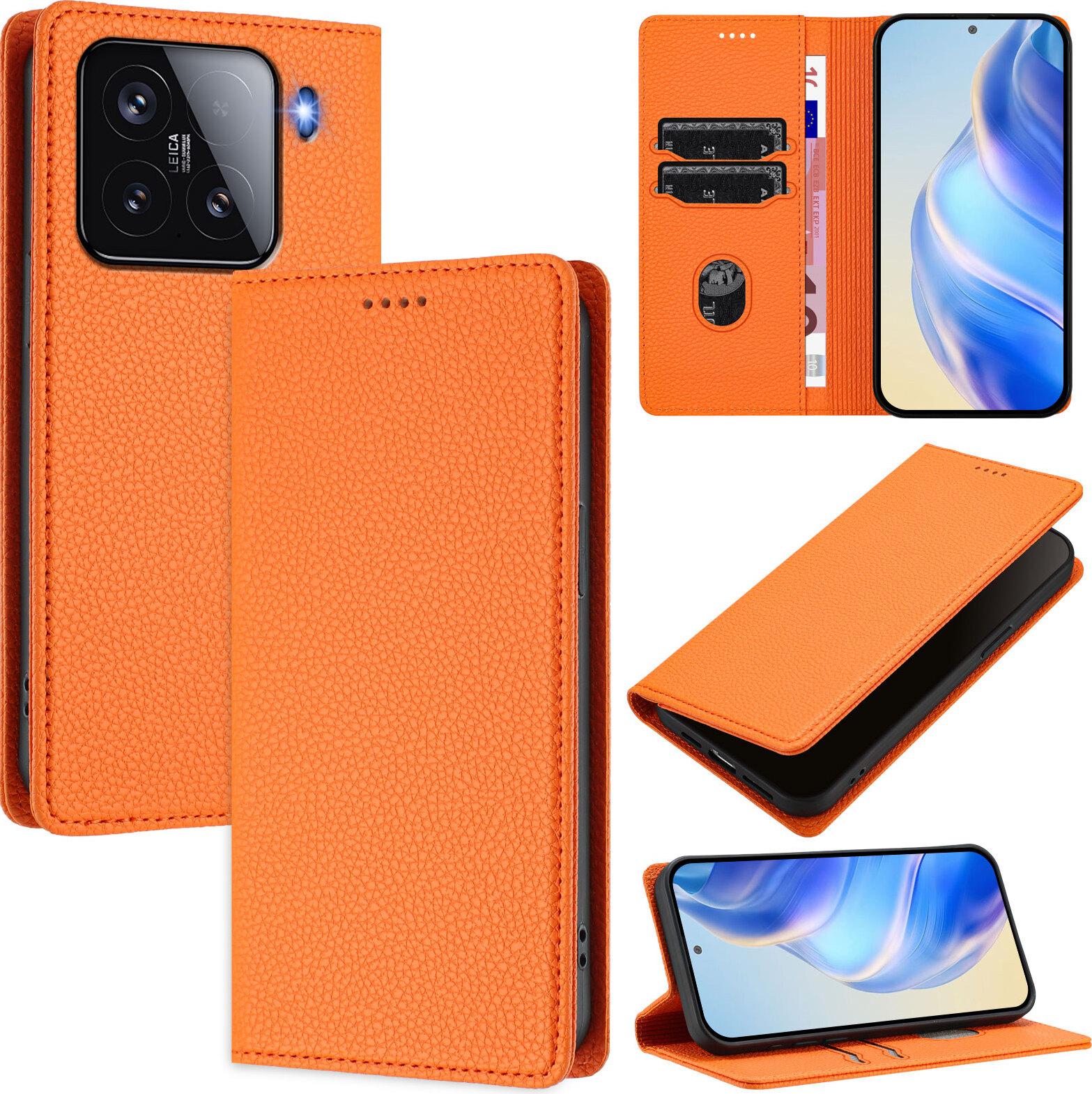 Custodia In Pelle Per Xiaomi 15, Pelle Litschi, Custodia A Portafoglio Con Slot Per Carte E Supporto Arancione