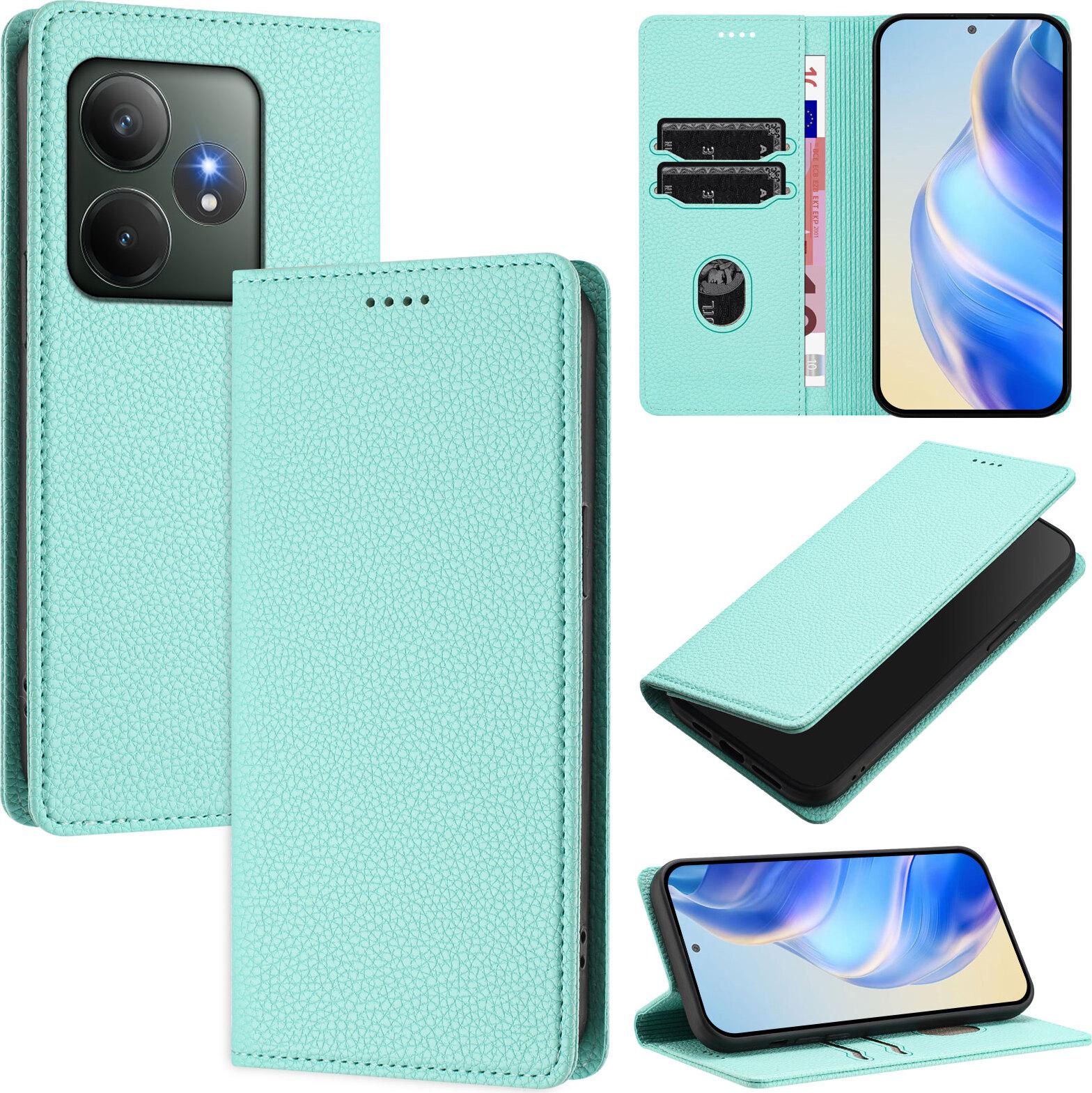 Custodia In Pelle Per Realme Gt 6/Realme Gt 6T, Pelle Litschi, Custodia A Portafoglio Con Slot Per Carte E Supporto Turchese