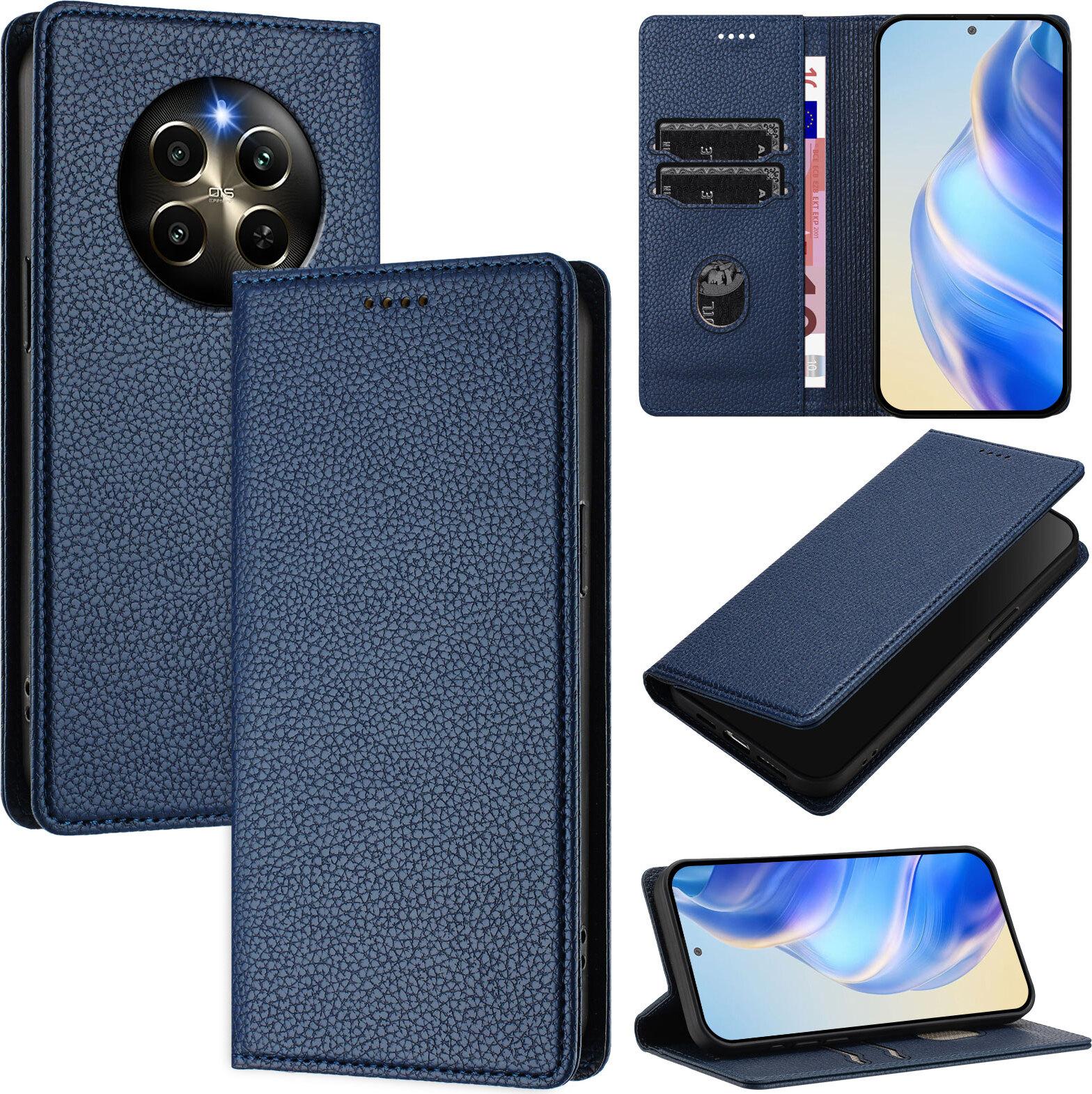 Custodia In Pelle Per Realme P1 Pro/Realme 12 Pro/Realme 12 Pro+, Pelle Litschi, Custodia A Portafoglio Con Slot Per Carte E Supporto Blu