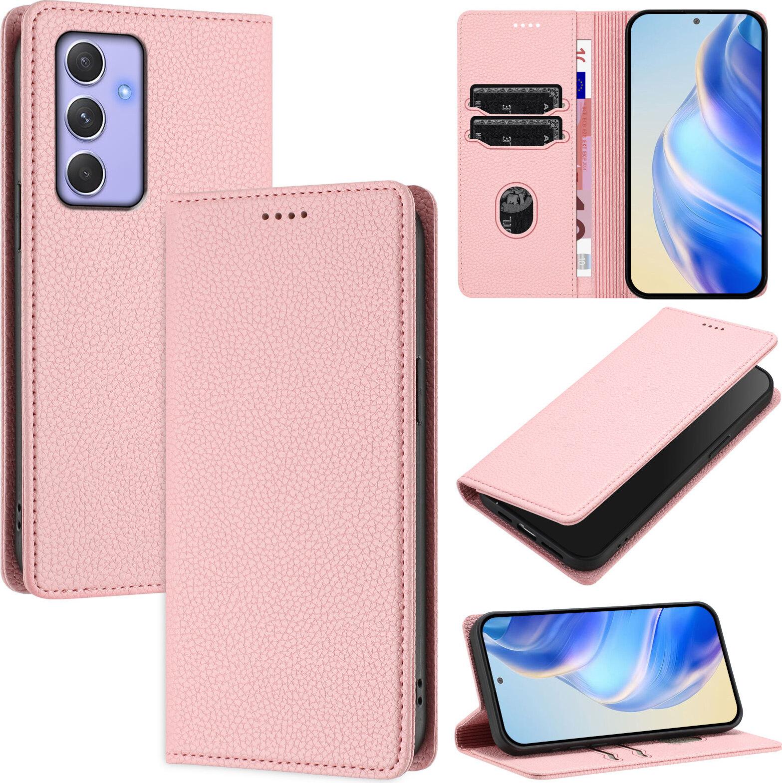 Custodia In Pelle Per Samsung Galaxy A54, Pelle Litschi, Custodia A Portafoglio Con Slot Per Carte E Supporto Rosa