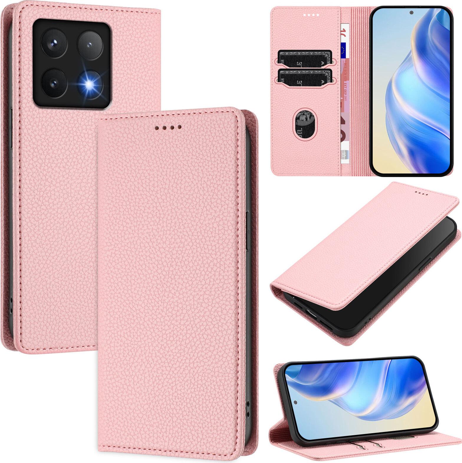 Custodia In Pelle Per Xiaomi 14T, Pelle Litschi, Custodia A Portafoglio Con Slot Per Carte E Supporto Rosa