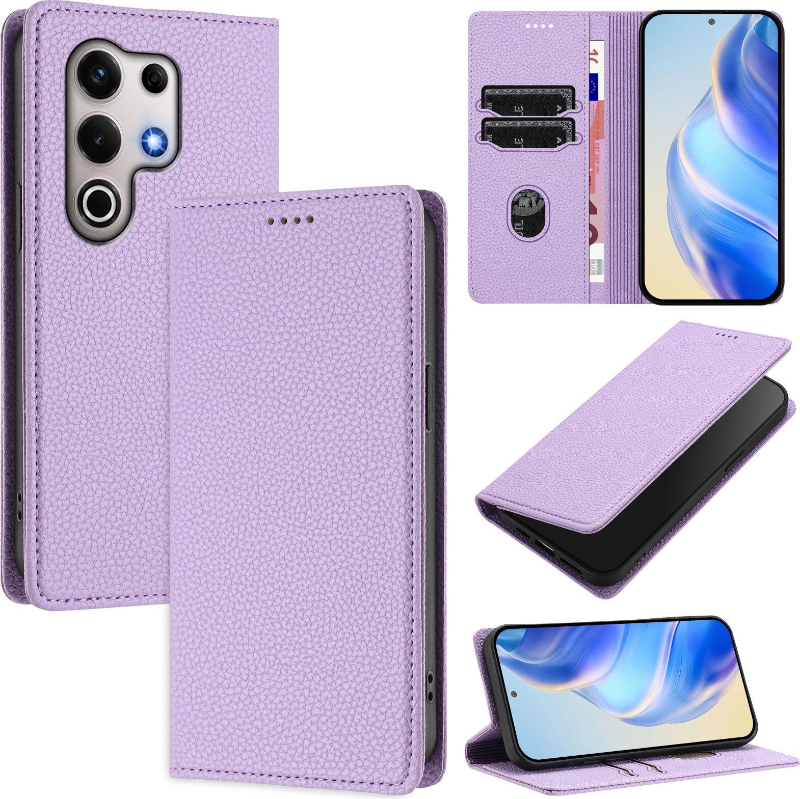 Custodia In Pelle Per Itel S25 Ultra, Pelle Litschi, Custodia A Portafoglio Con Slot Per Carte E Supporto Viola