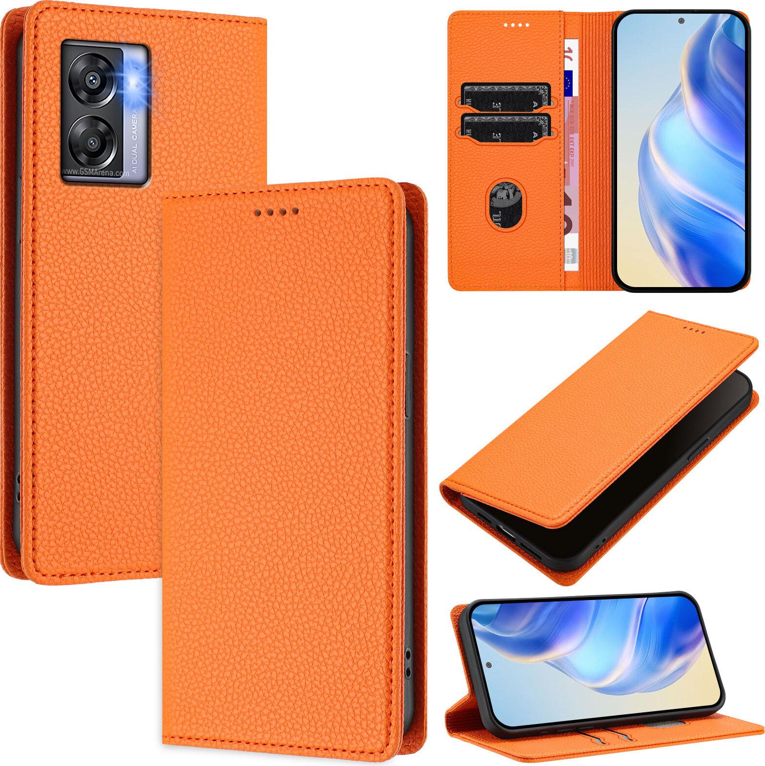 Custodia In Pelle Per Oppo A77 5G/A97/Realme Narzo 50, Pelle Litschi, Custodia A Portafoglio Con Slot Per Carte E Supporto Arancione